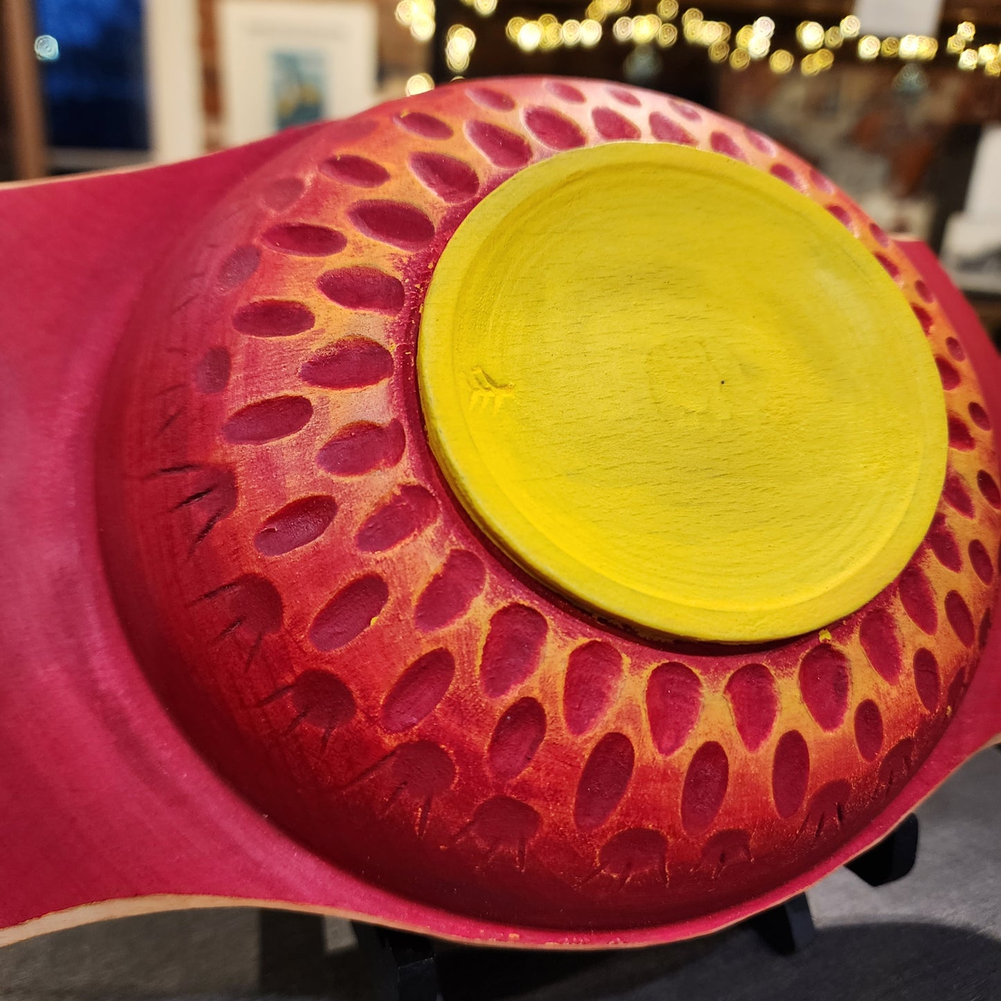 Beech Porringer with dahlia carving and flag red over lemon yellow milk paint