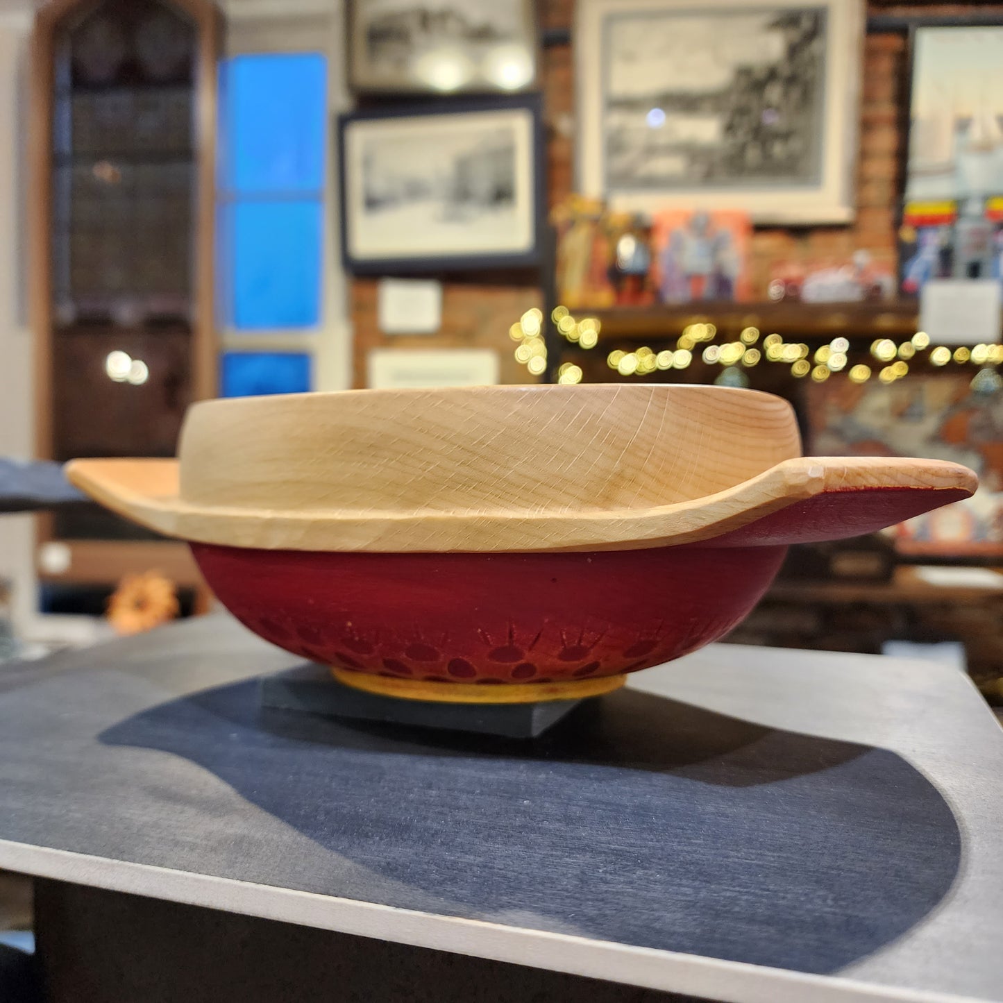 Beech Porringer with dahlia carving and flag red over lemon yellow milk paint