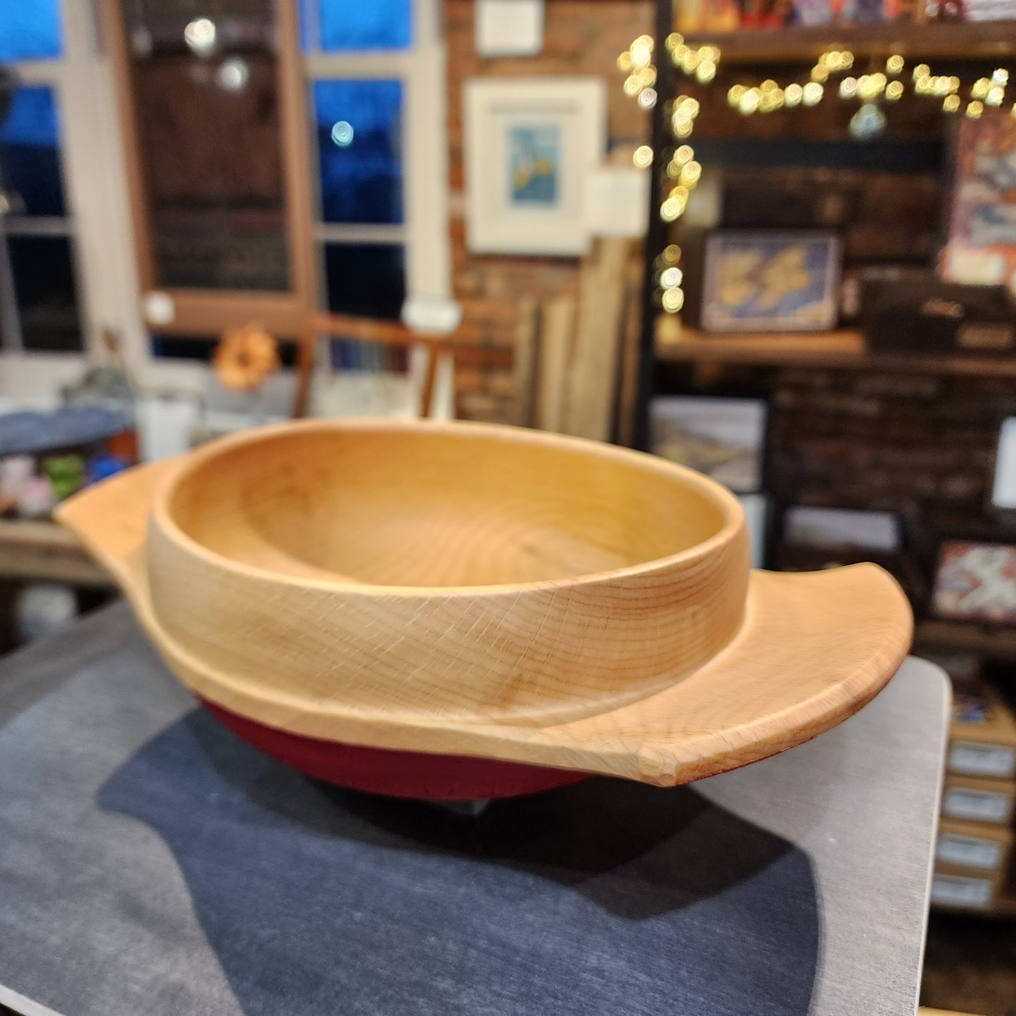 Beech Porringer with dahlia carving and flag red over lemon yellow milk paint