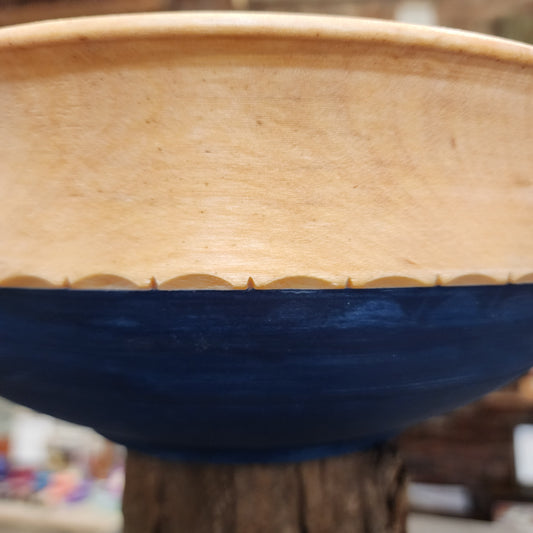 Birch Serving Bowl with carved scallop collar | lake blue over parchment white milk paint