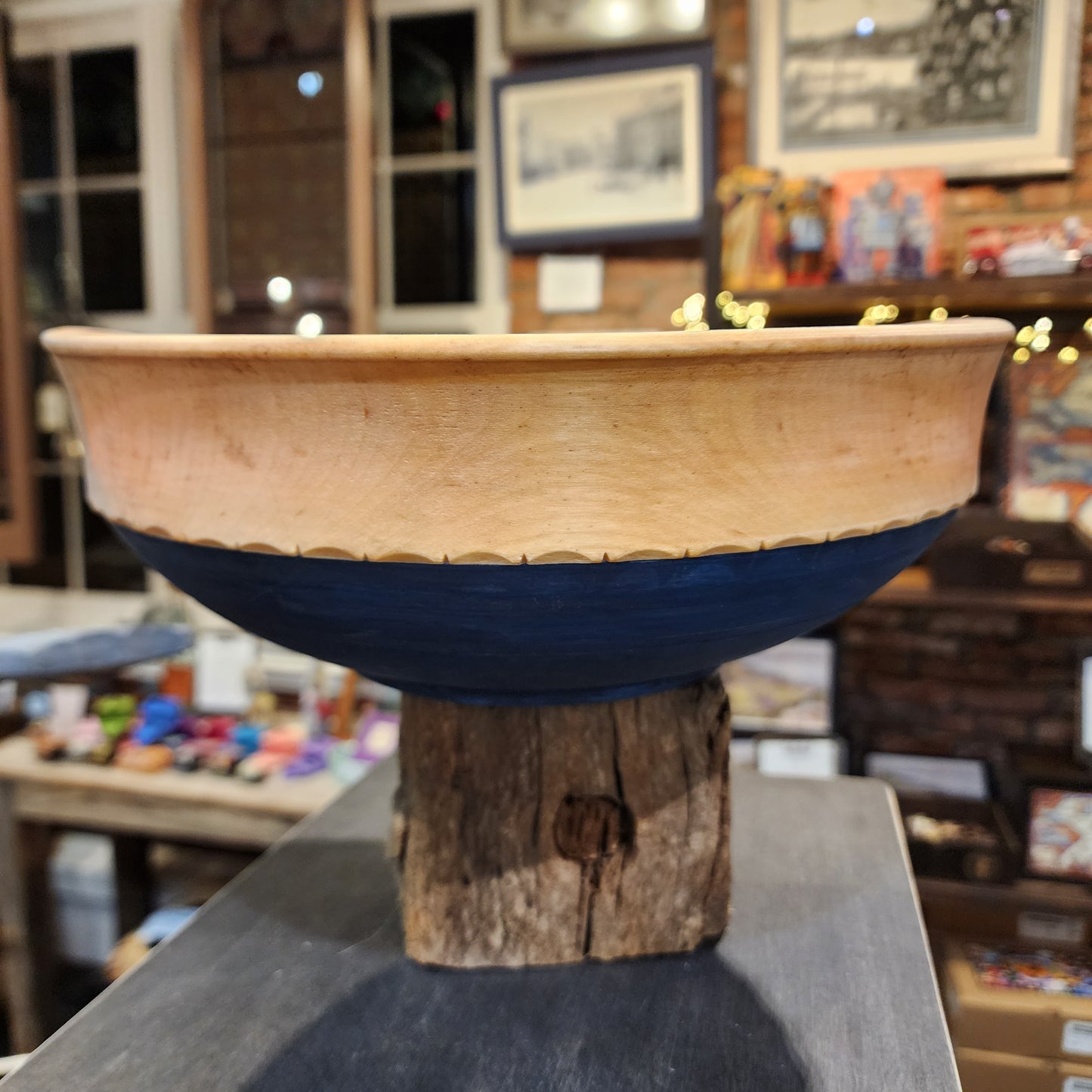 Birch Serving Bowl with carved scallop collar | lake blue over parchment white milk paint