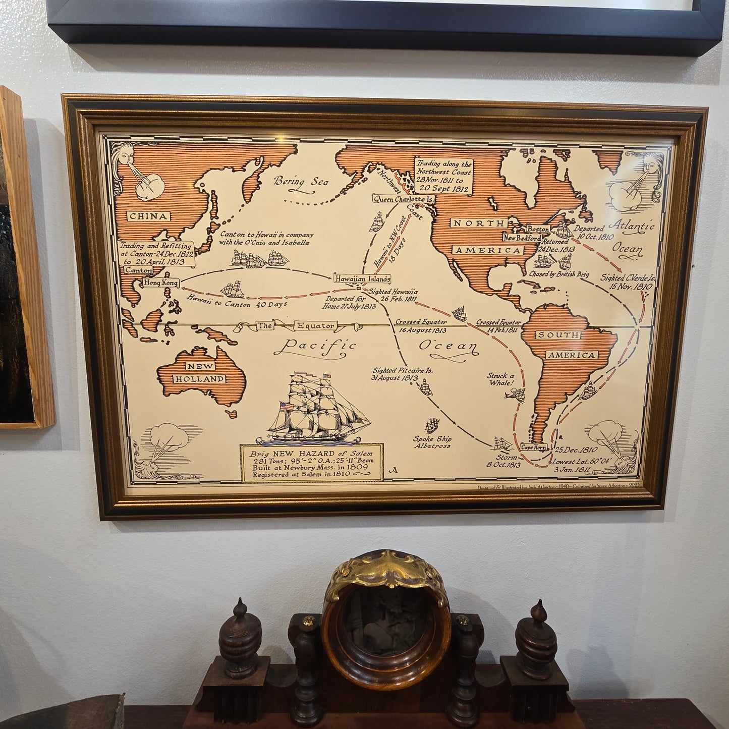 Voyage of the New Hazard | Pictorial Map by Jack Atherton | Gold leaf Frame