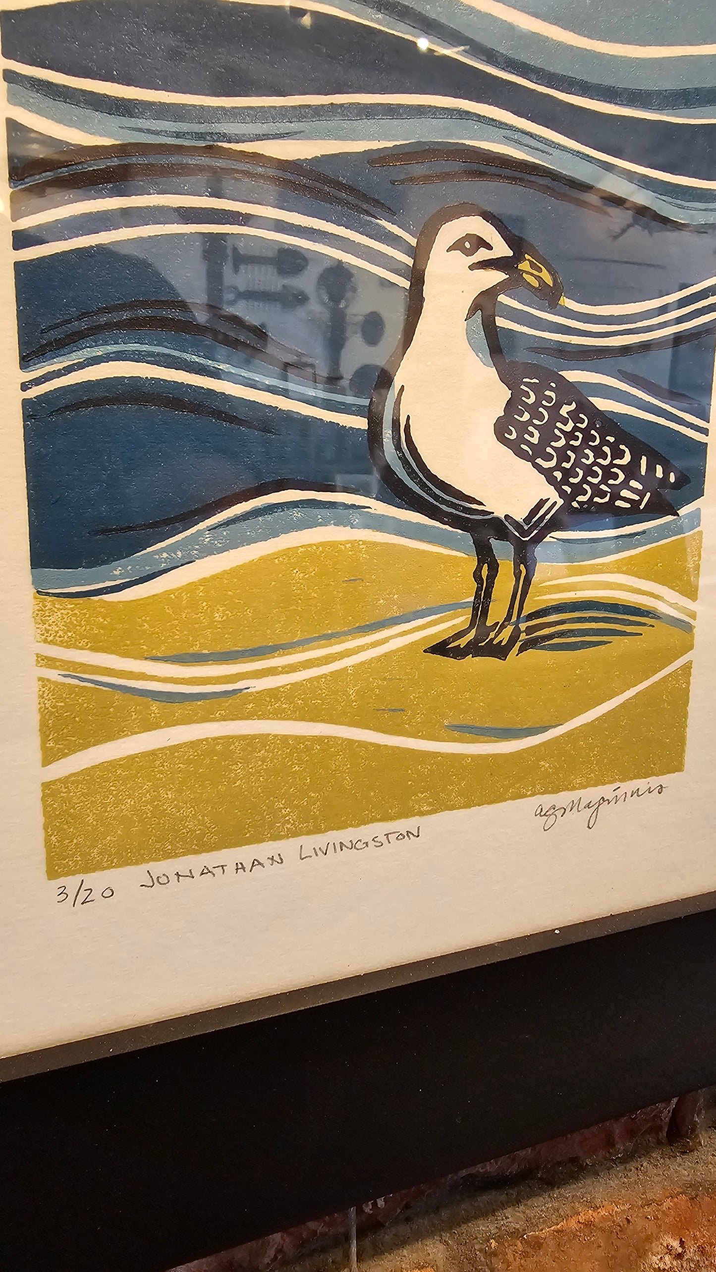 Andrea Maginnis | "Jonathan Livingston" | Linocut Print Framed