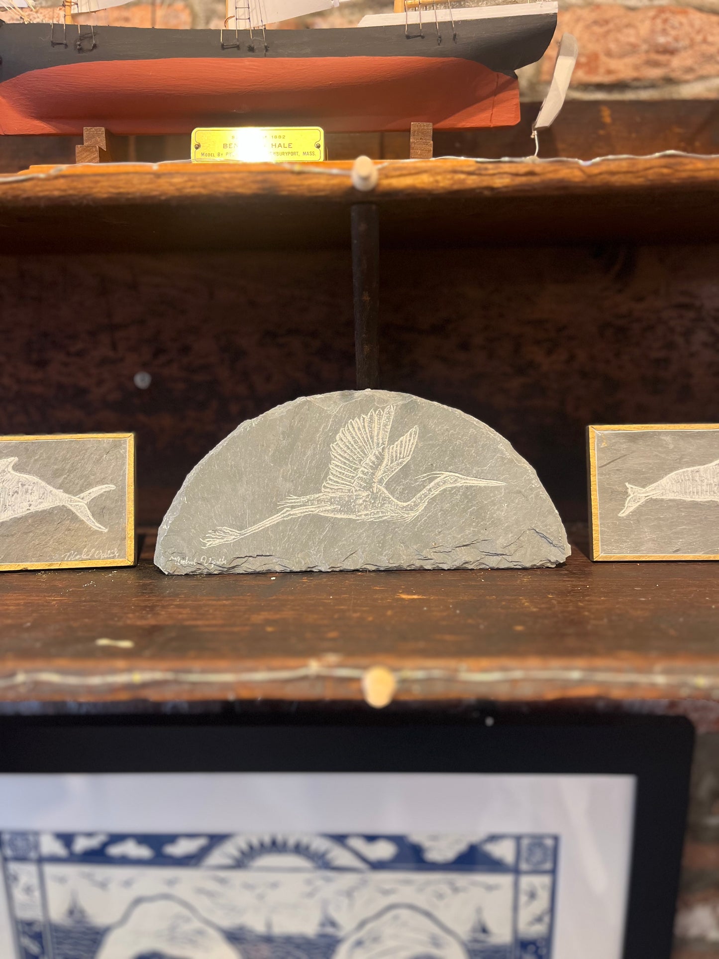 Heron Carved on Arched Slate | Sm Rectangle | Updike