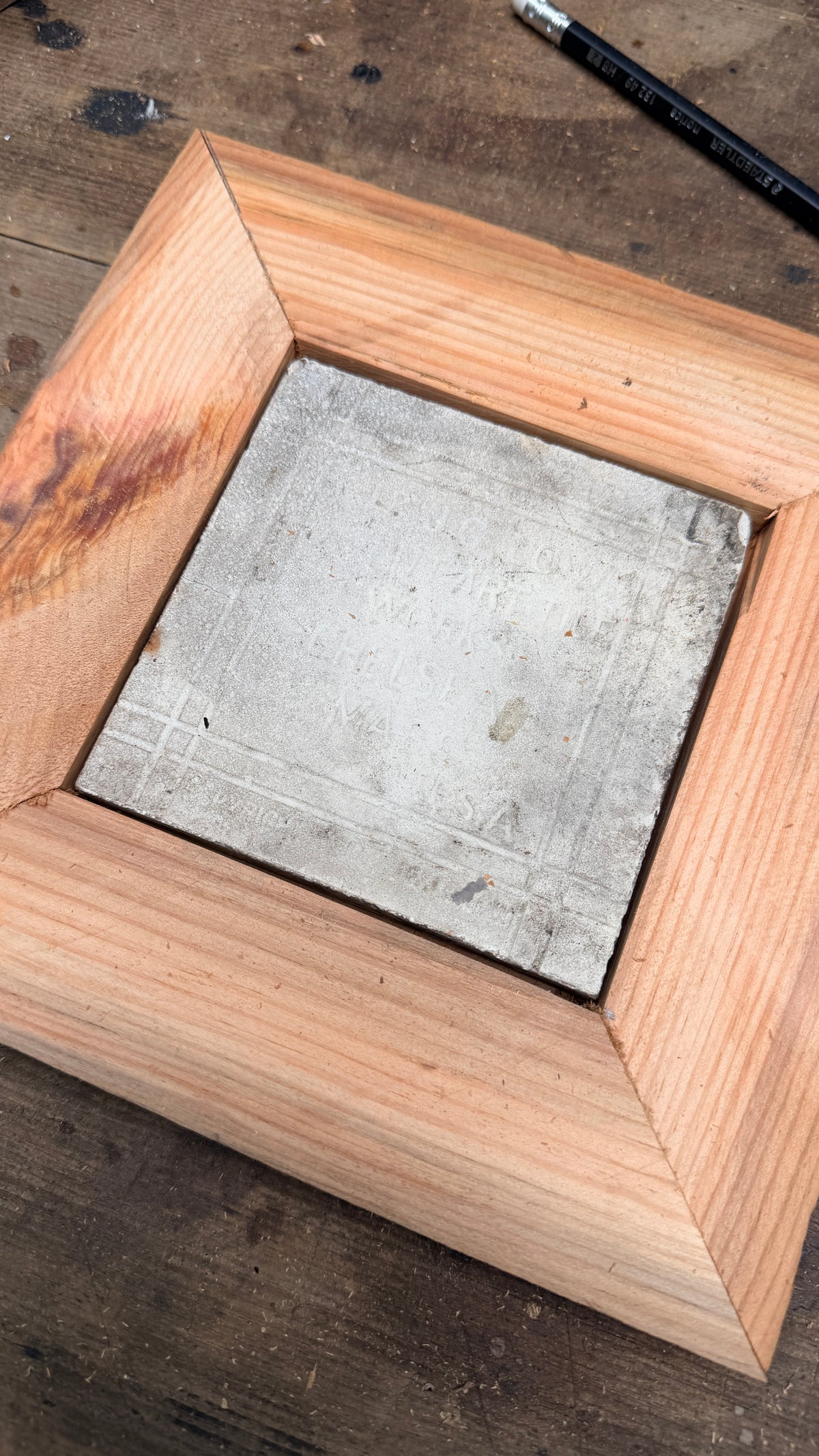 1881 J.& J.G. Low Art Tile | Framed in Reclaimed Railroad Bridge Wood
