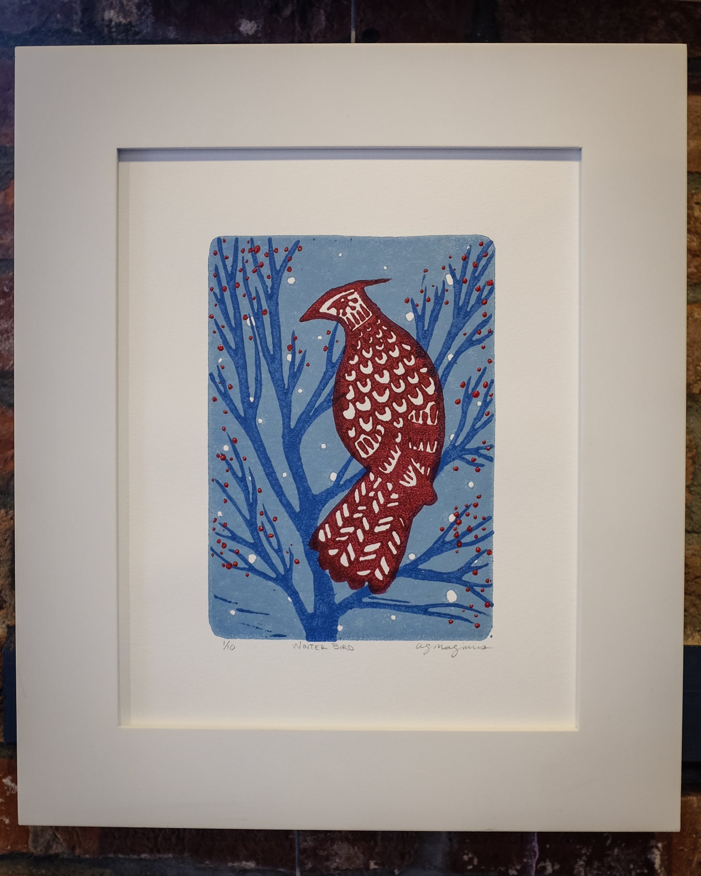 Framed Linocut Print | "Winter Bird" | Andrea Maginnis