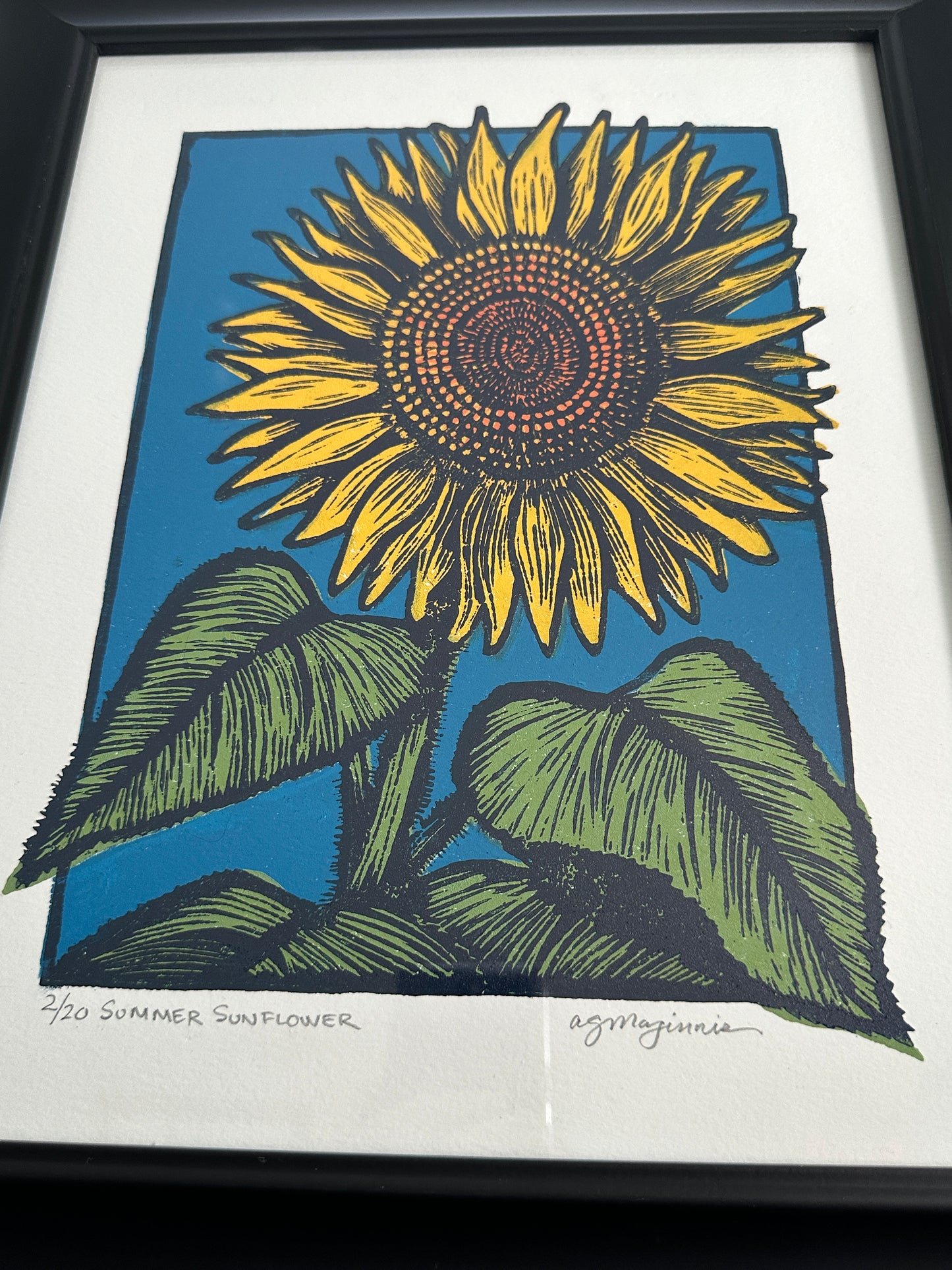 Andrea Maginnis | "Summer Sunflower" | Linocut Print Framed