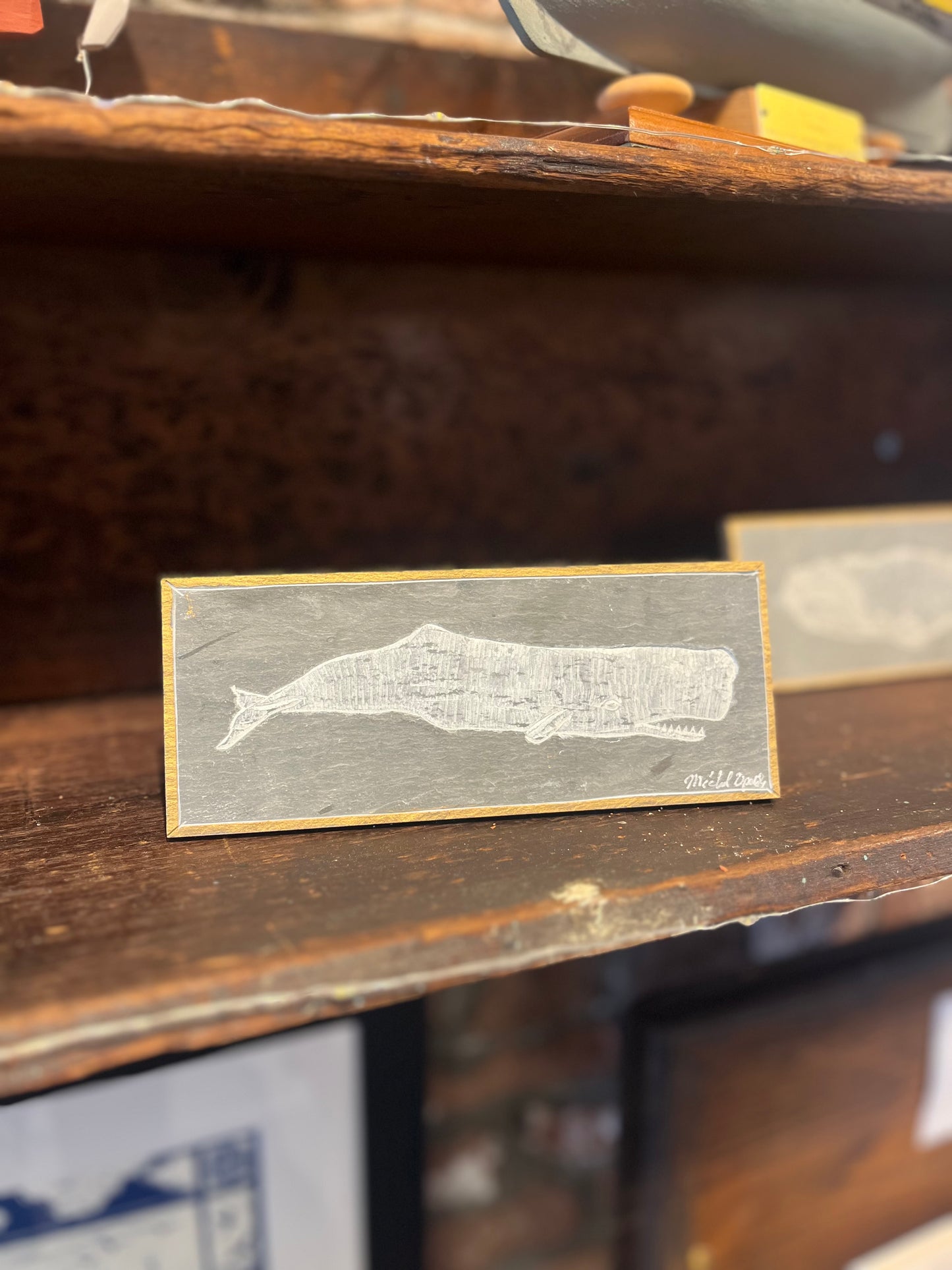 Swimming Sperm Whale Carved on Slate | Sm Rectangle | Updike