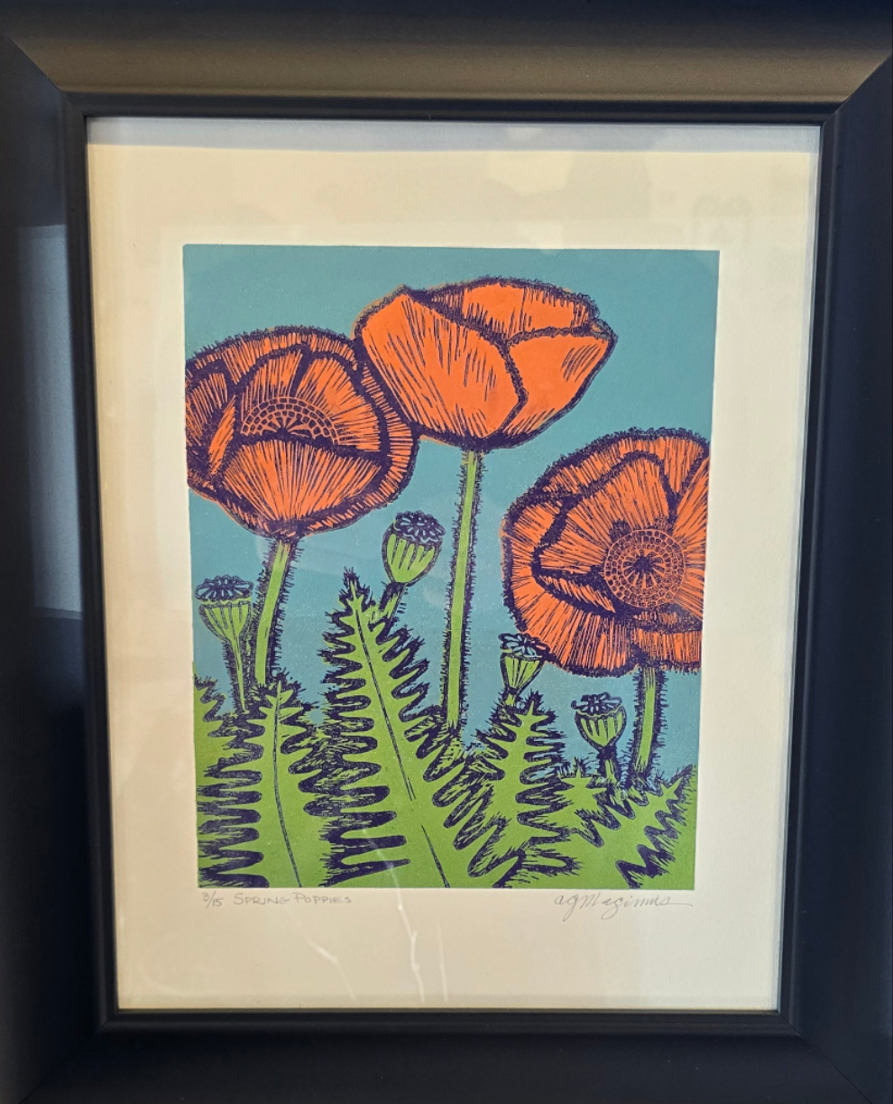 Linocut Print Framed | "Spring Poppies" | Andrea Maginnis