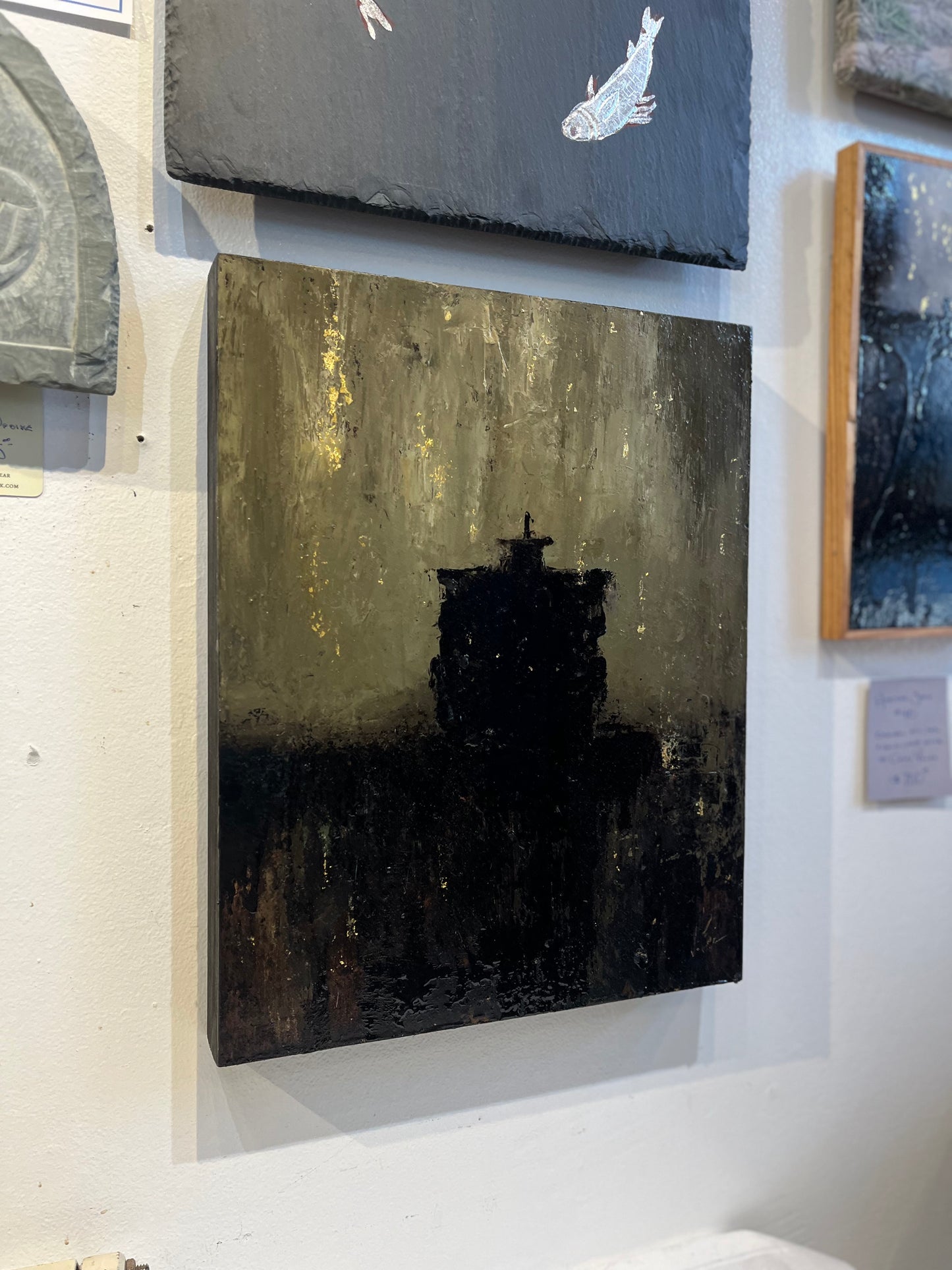 "Westward #18" | Tar, oil, gold leaf on wood | Chris Volpe