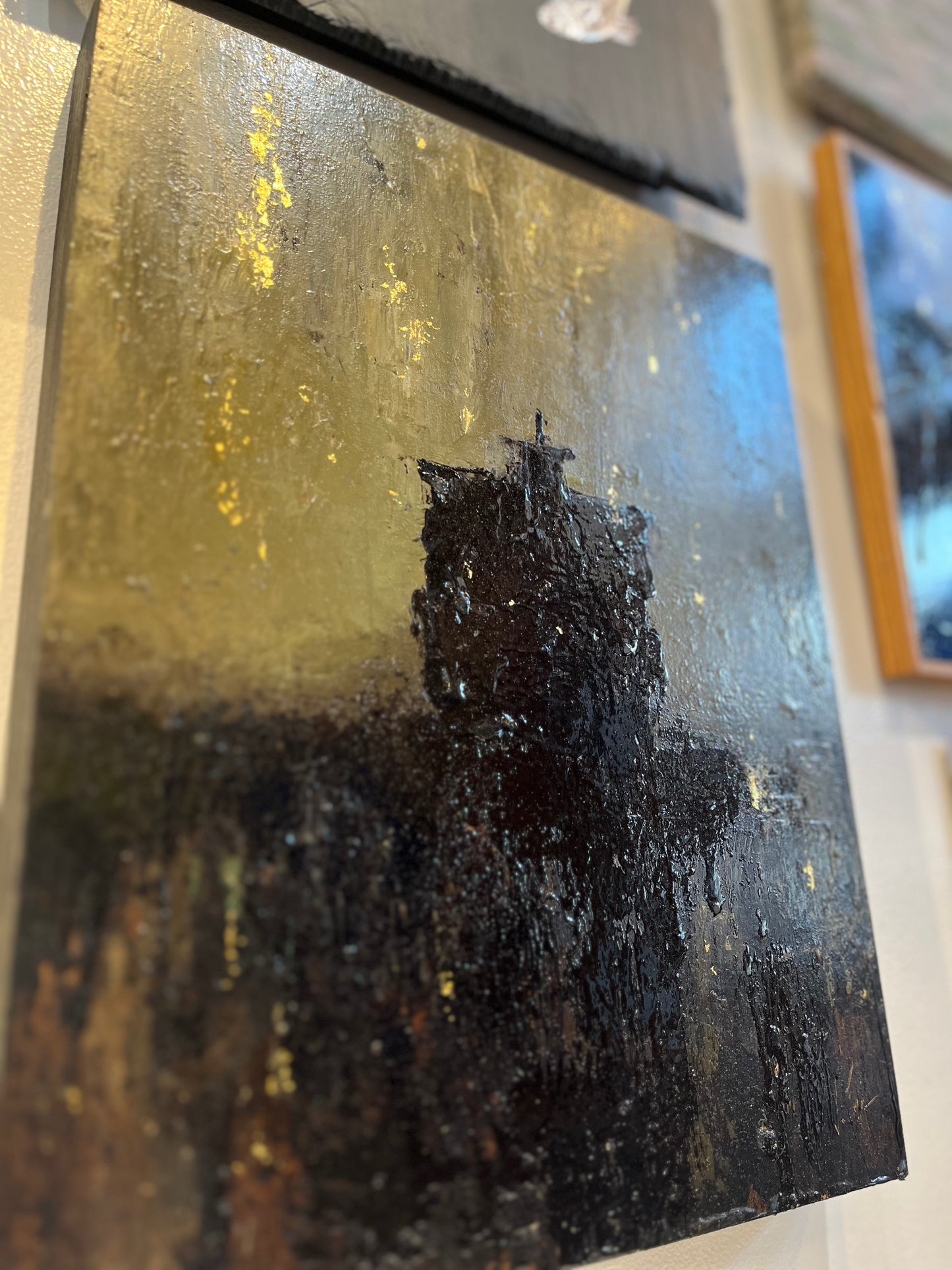 "Westward #18" | Tar, oil, gold leaf on wood | Chris Volpe