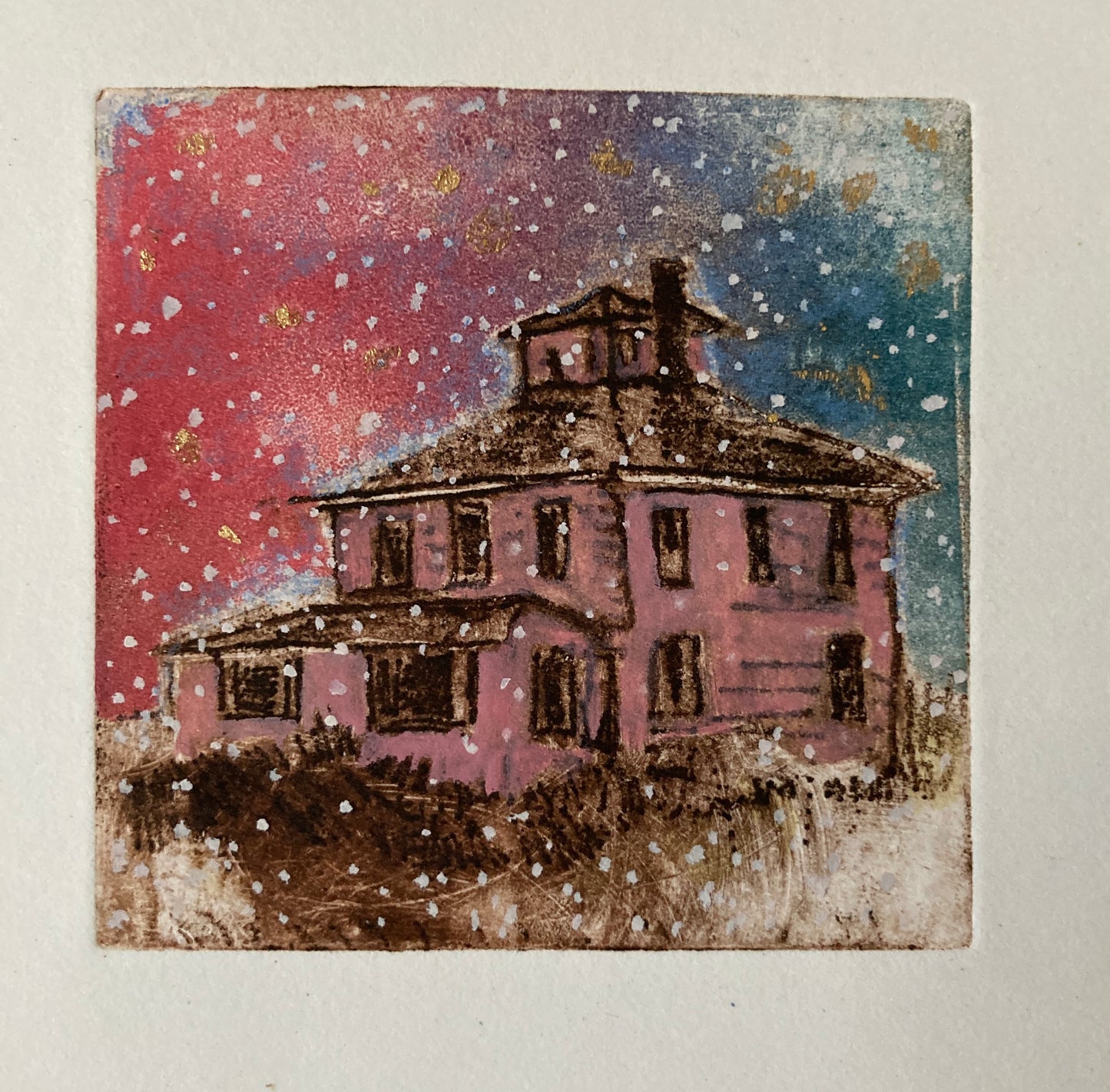 Chris Robinson | "Snowy Pink House" | Etching - Framed
