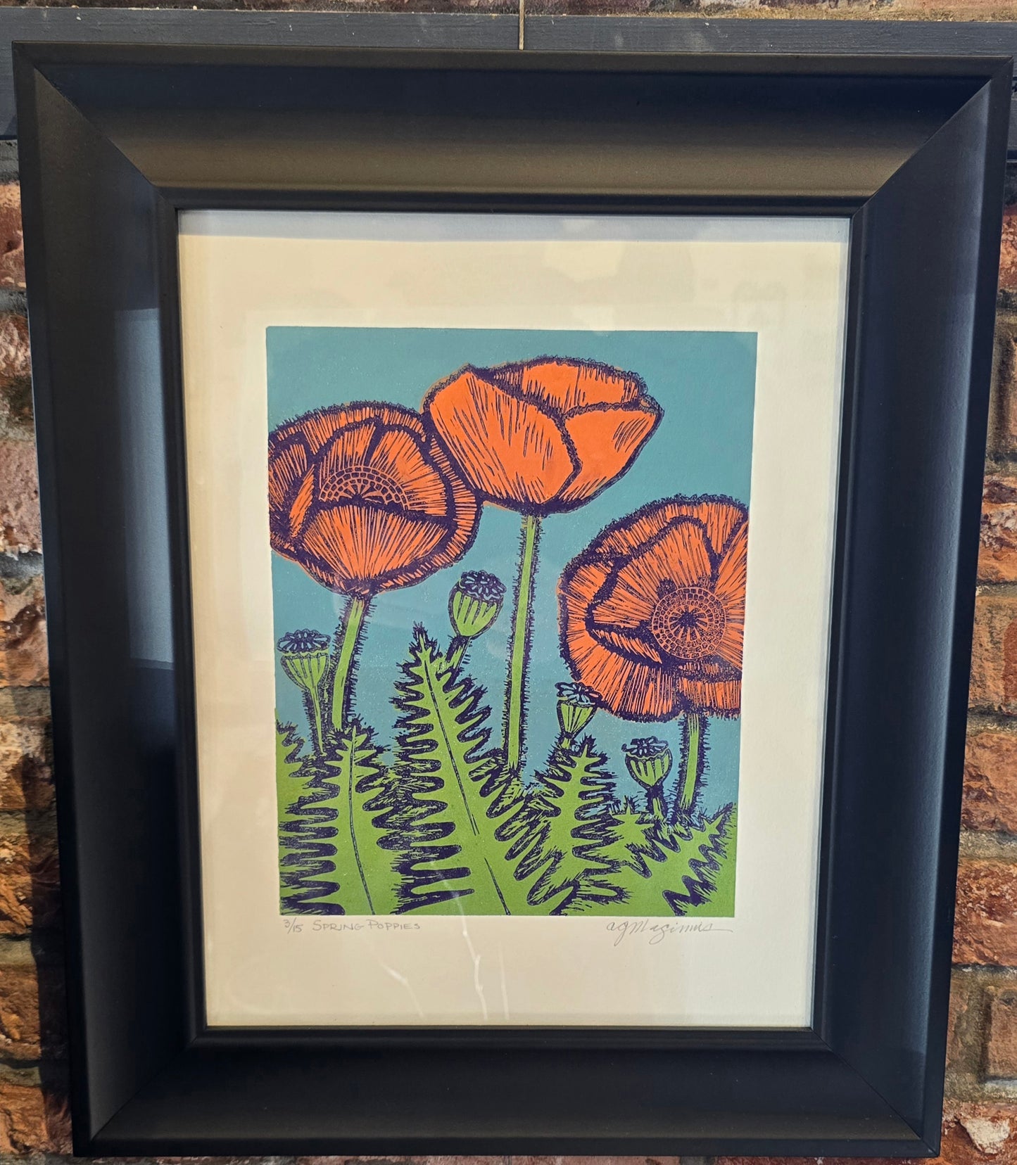 Linocut Print Framed | "Spring Poppies" | Andrea Maginnis