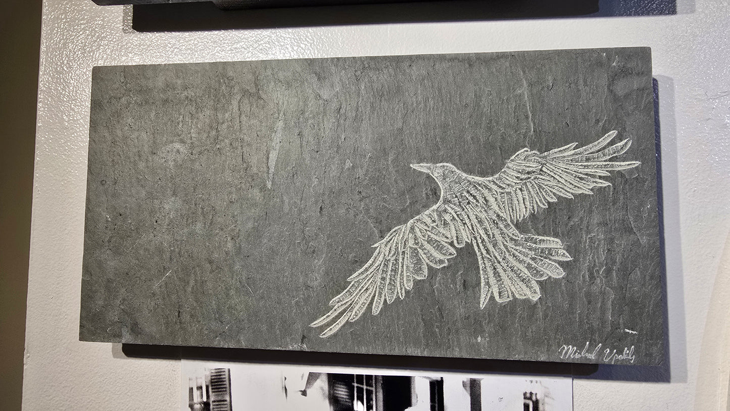Carved Crow on Reclaimed Roof Slate | Michael Updike