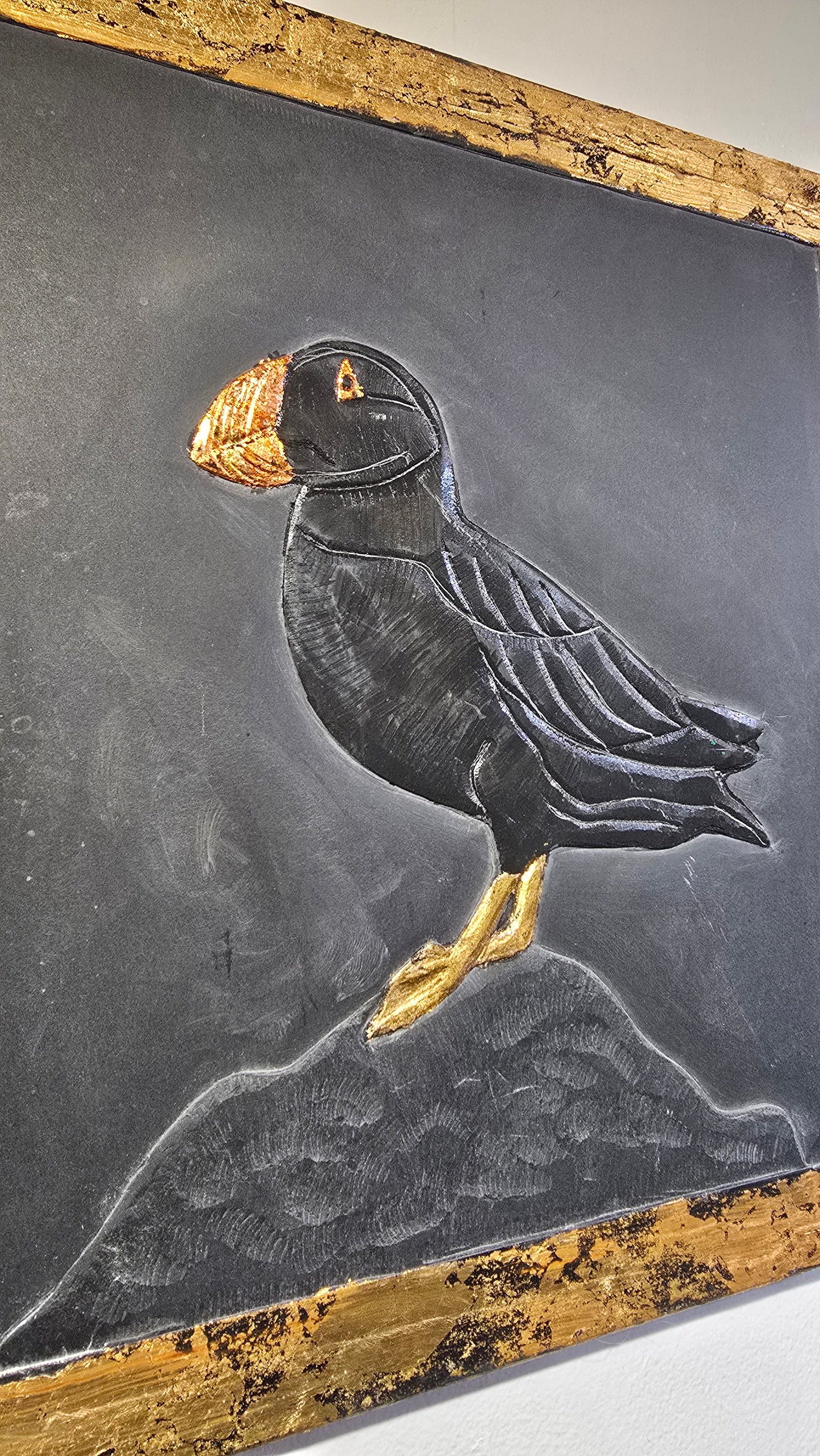 Carved Puffin on Reclaimed Slate | Bas Relief | Updike