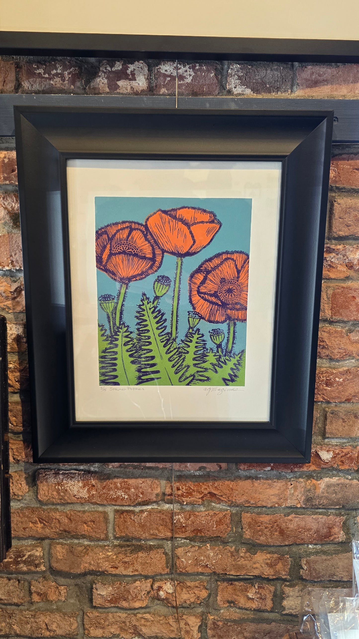Linocut Print Framed | "Spring Poppies" | Andrea Maginnis