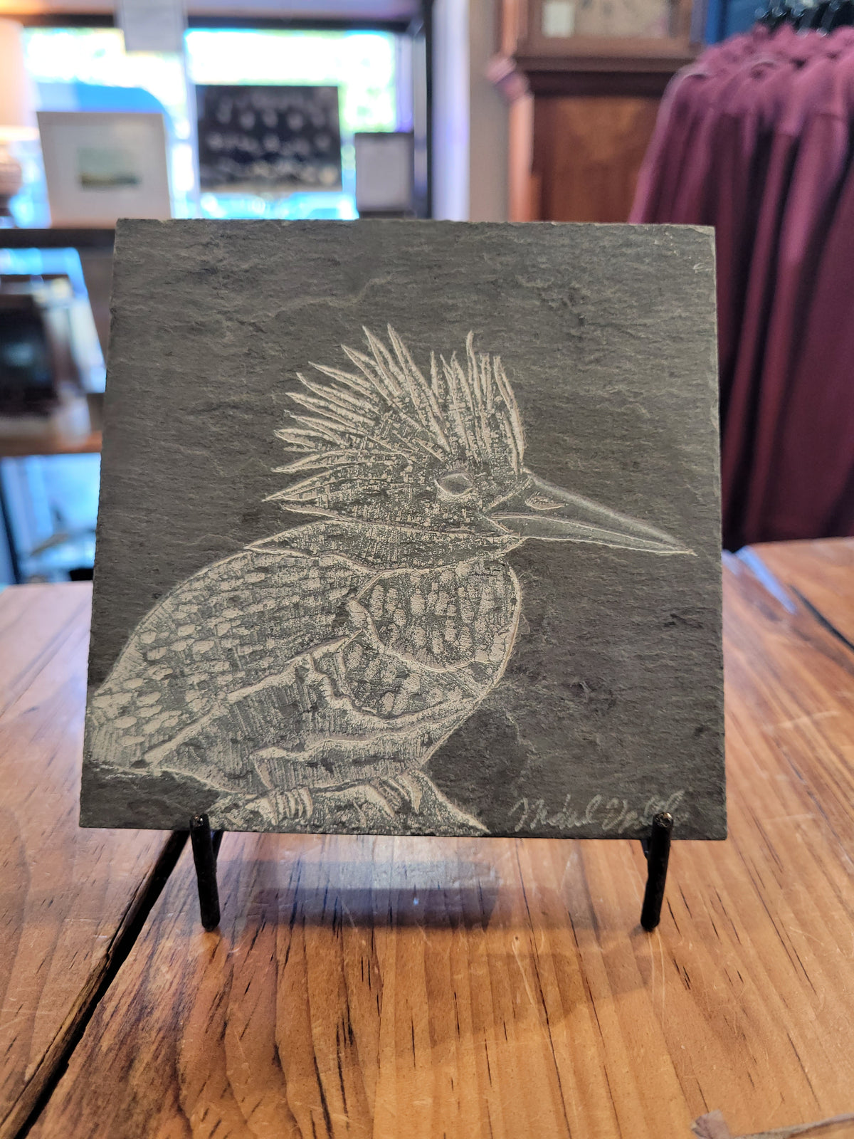 Crested Kingfisher | Carved on Square Slate | Updike