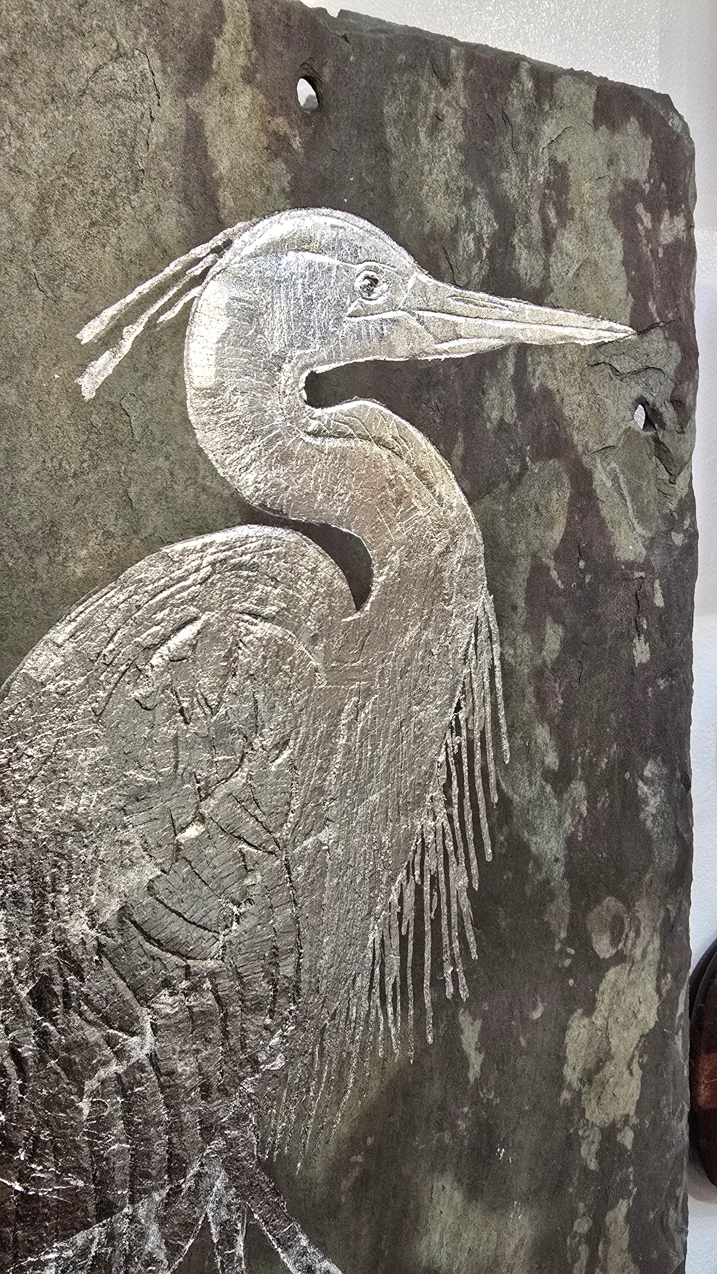 Silver Heron on Reclaimed Roof Slate Tile | Michael Updike