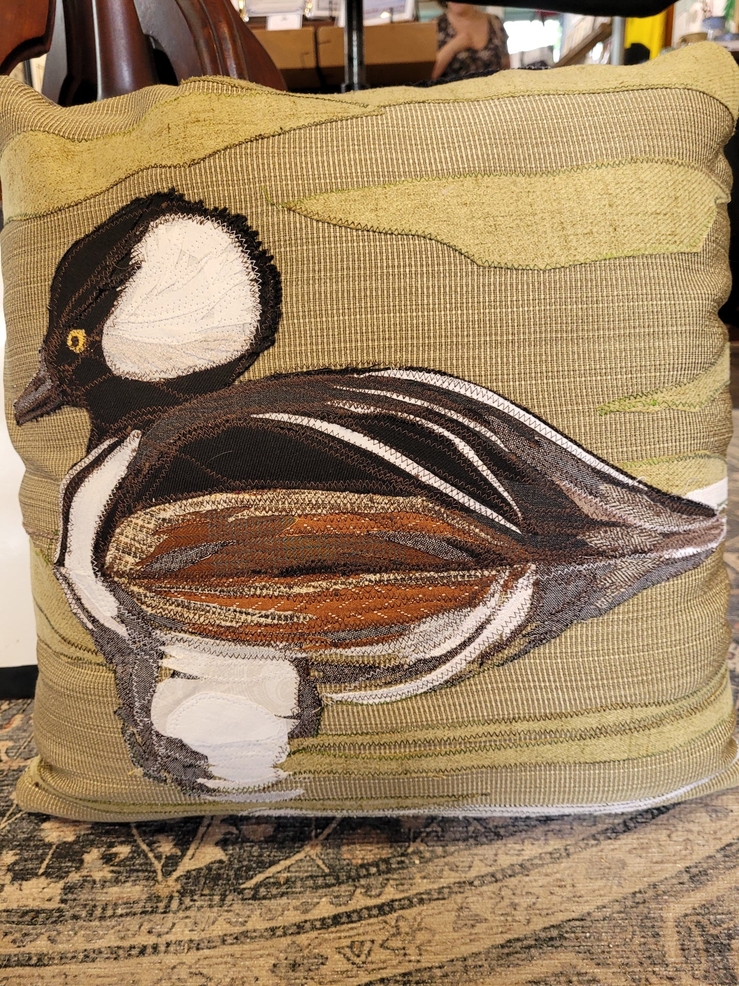 Hooded merganser pillow | Reclaimed Fabrics w/stitching illustration | DUO