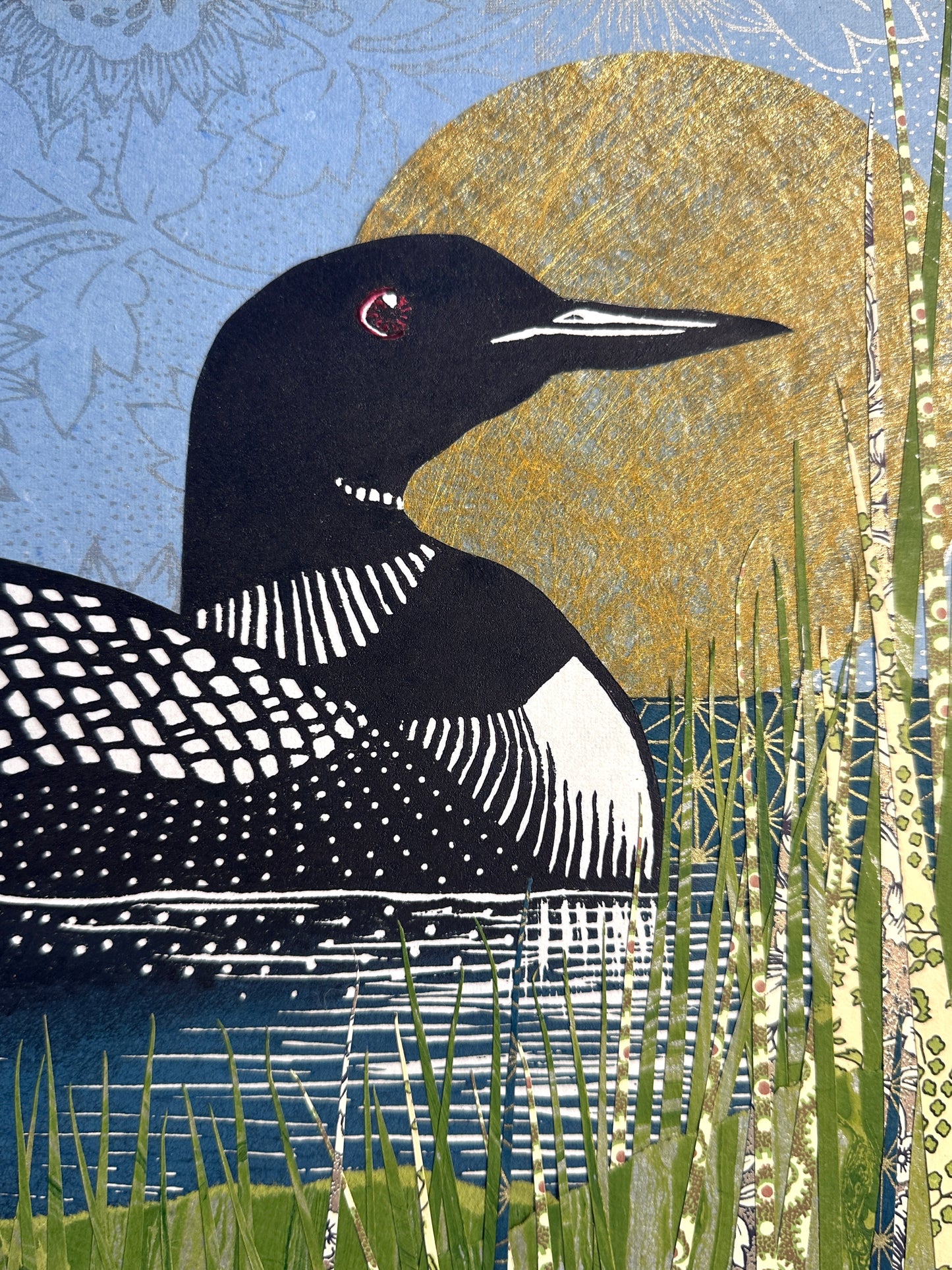 Andrea Maginnis | Loon at Golden Hour | Relief Print and Collage Framed