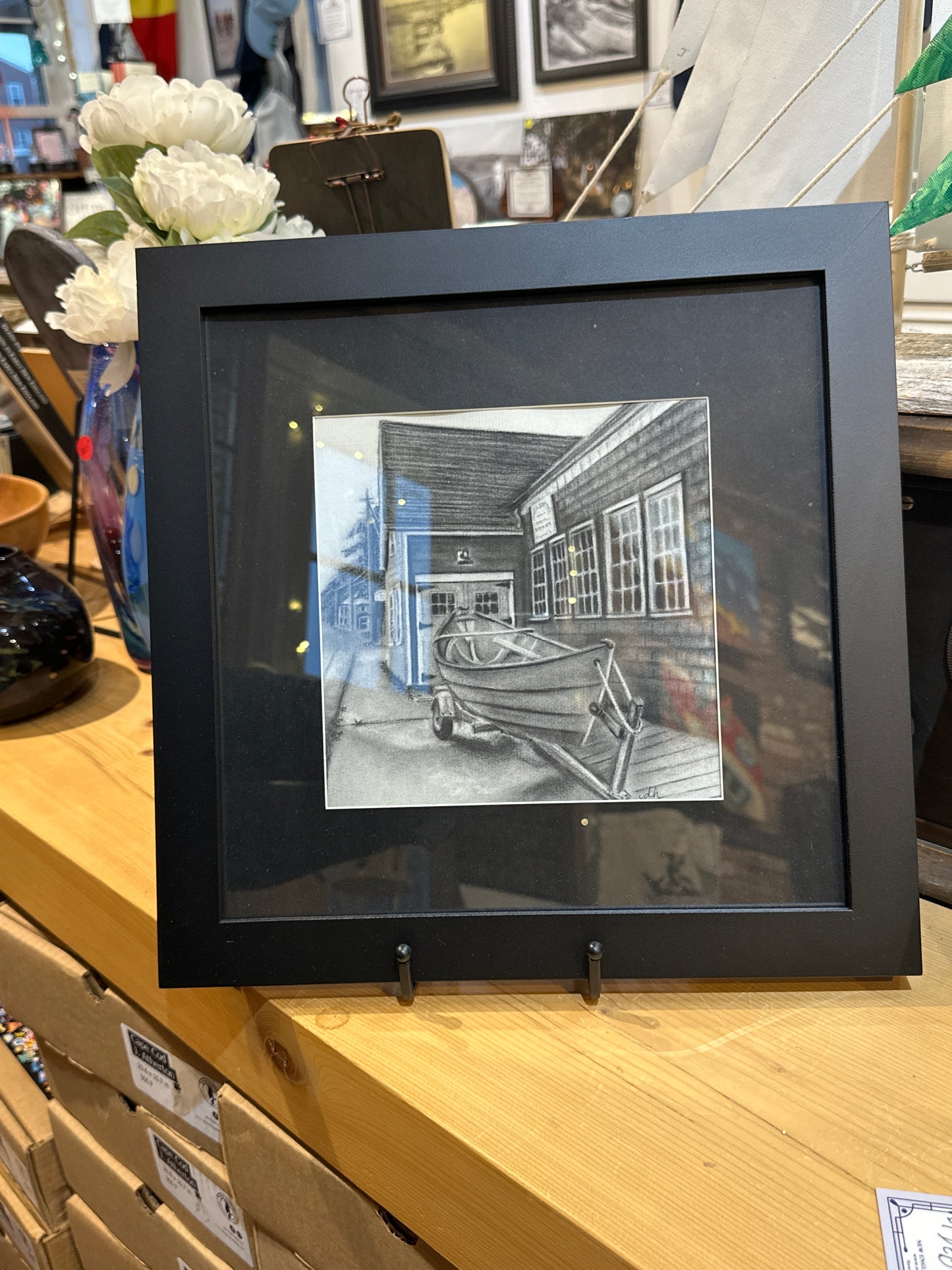 Lowell's Boat Shop | Original Framed Charcoal | Deb Hewey