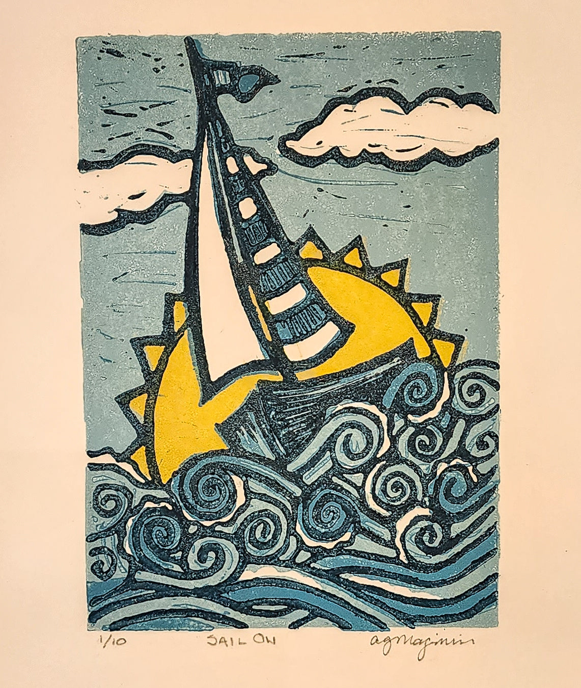 Framed Linocut Print | "Sail On" | Andrea Maginnis