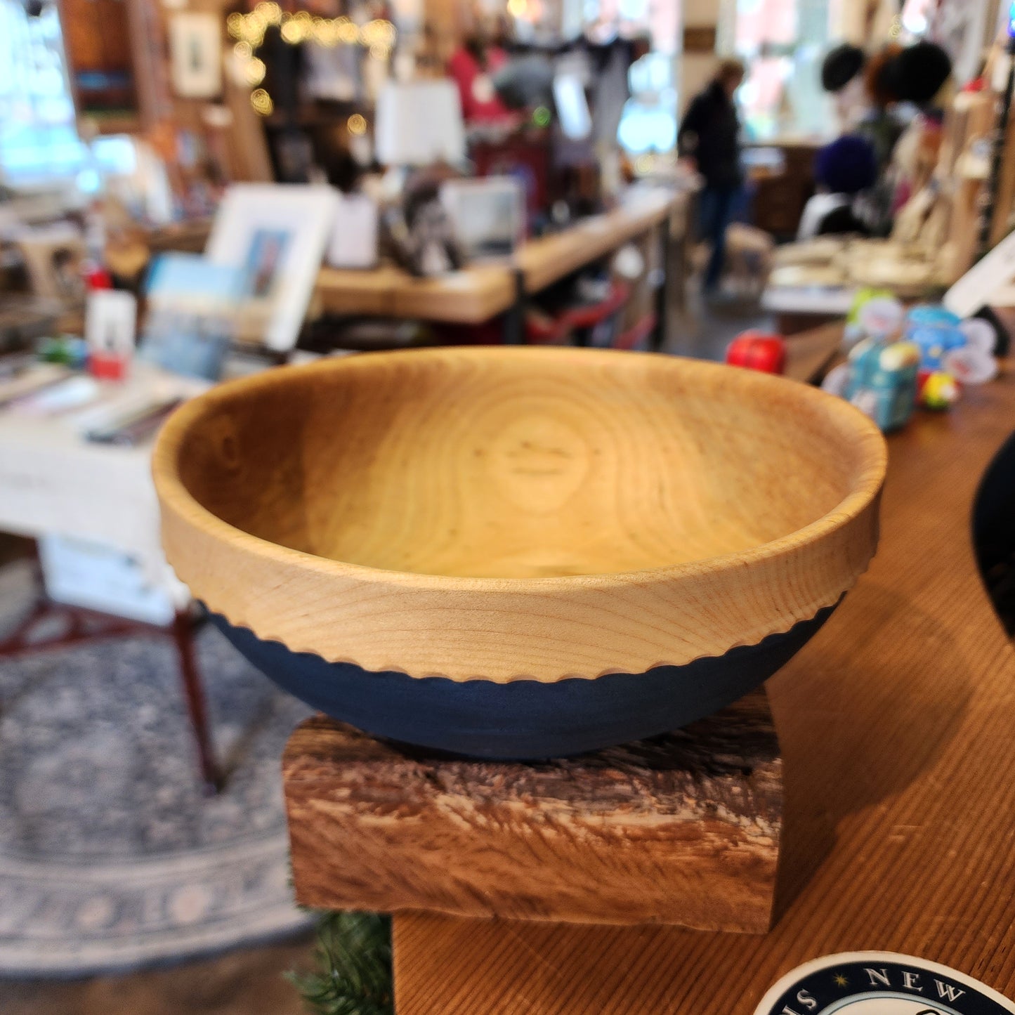 Birch ale bowl w/carved, scalloped collar | Deep sapphire milk paint