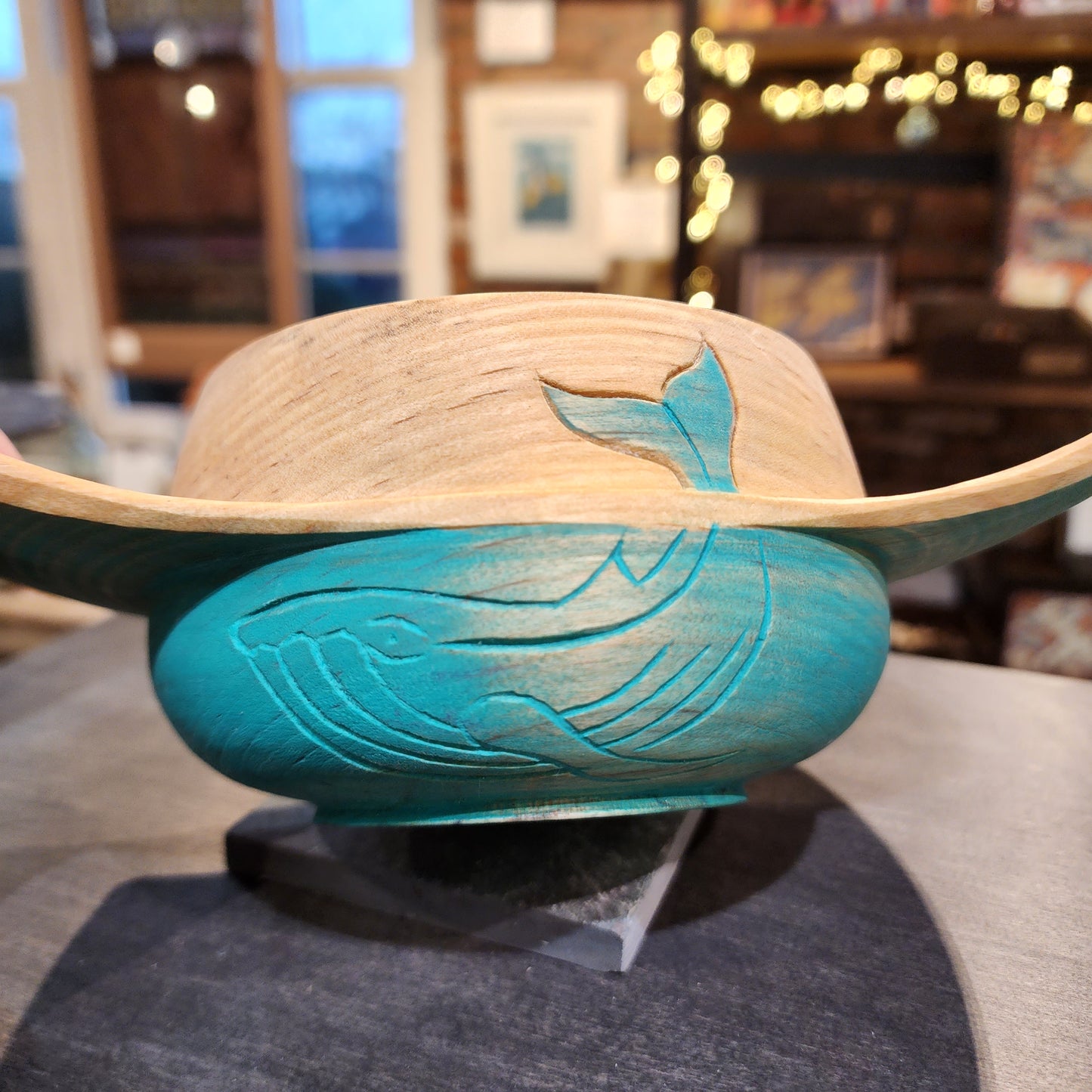 Birch Porringer, with Caribbean blue milk paint & whale carving