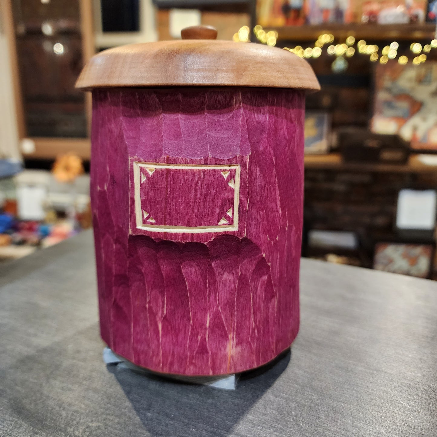 Birch Shrink pot with cherry lid and plum milk paint