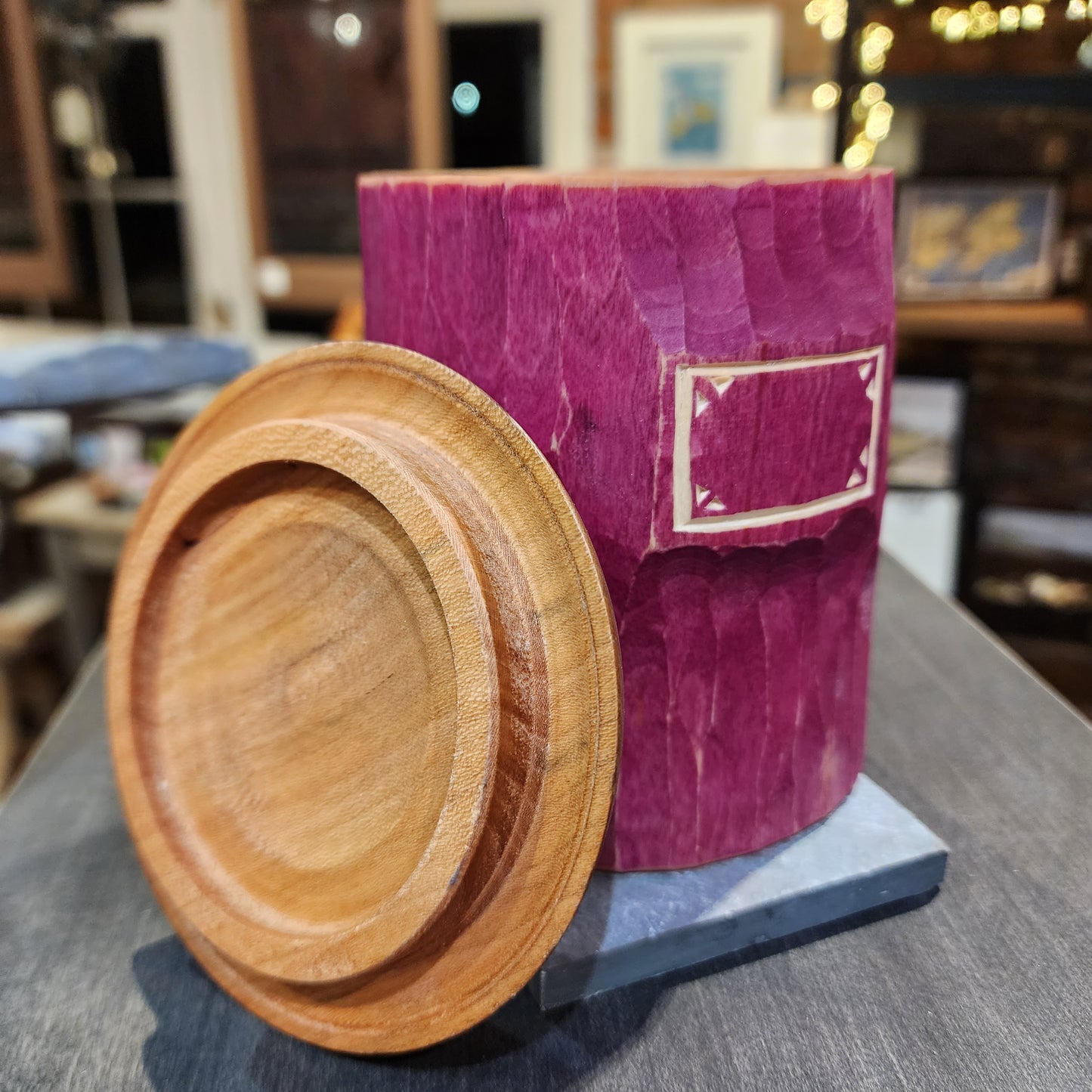 Birch Shrink pot with cherry lid and plum milk paint