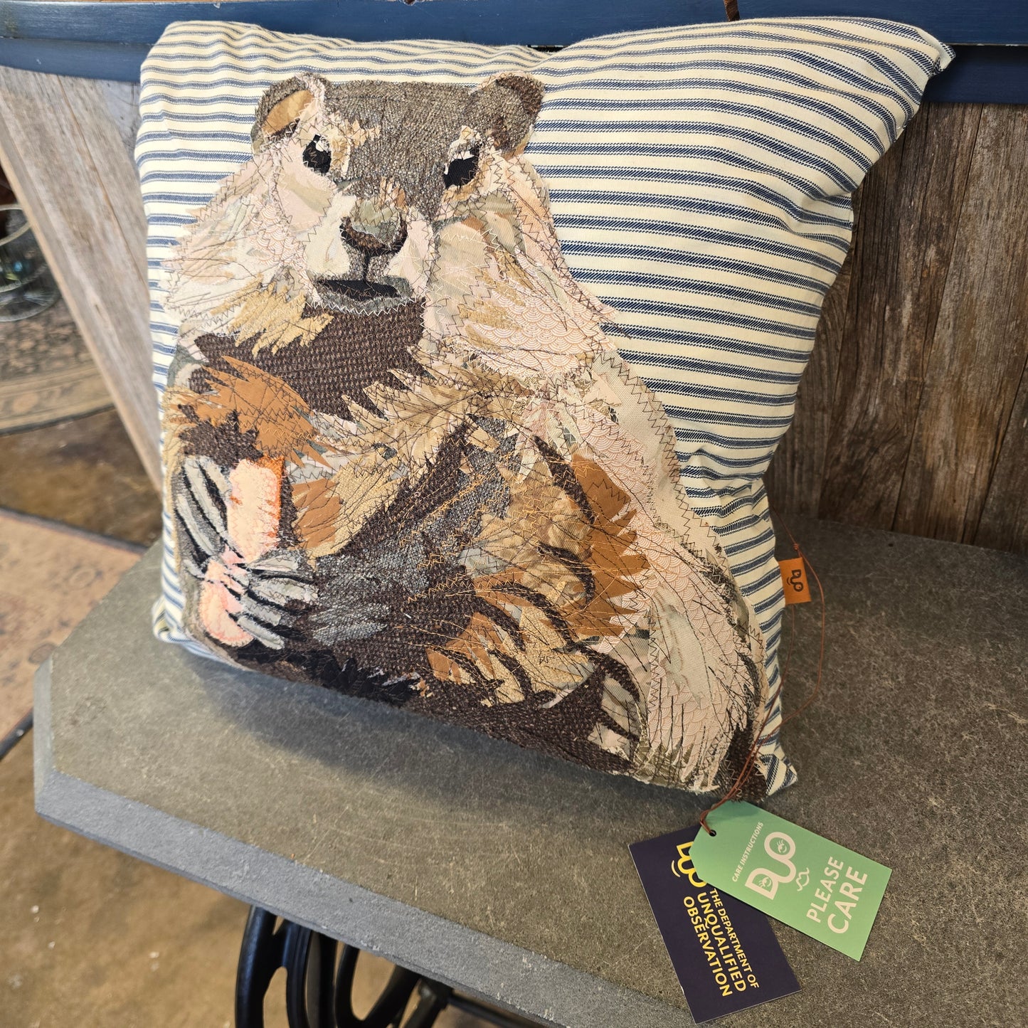 Groundhog Pillow | Reclaimed Fabrics w/stitching illustration | DUO