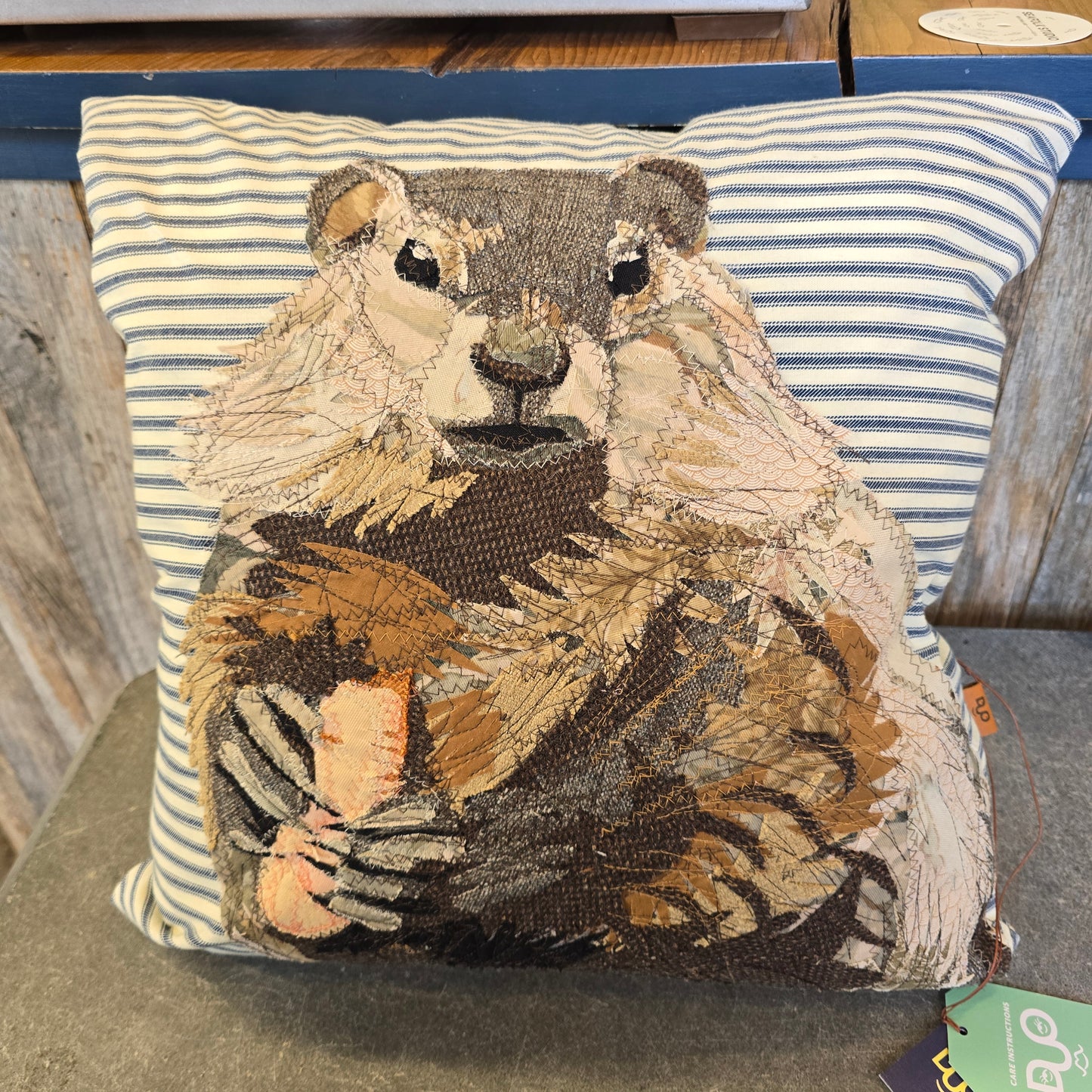 Groundhog Pillow | Reclaimed Fabrics w/stitching illustration | DUO