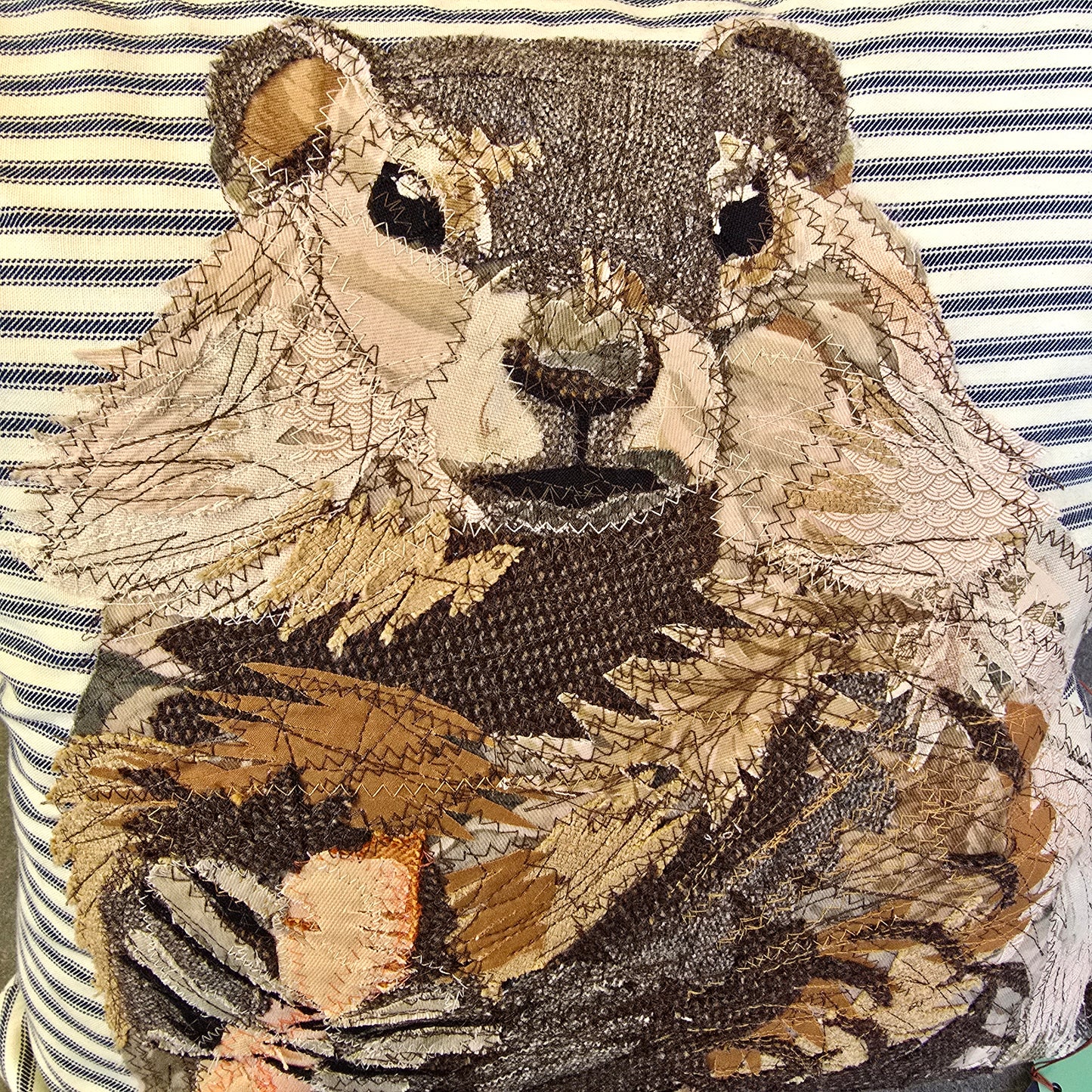 Groundhog Pillow | Reclaimed Fabrics w/stitching illustration | DUO