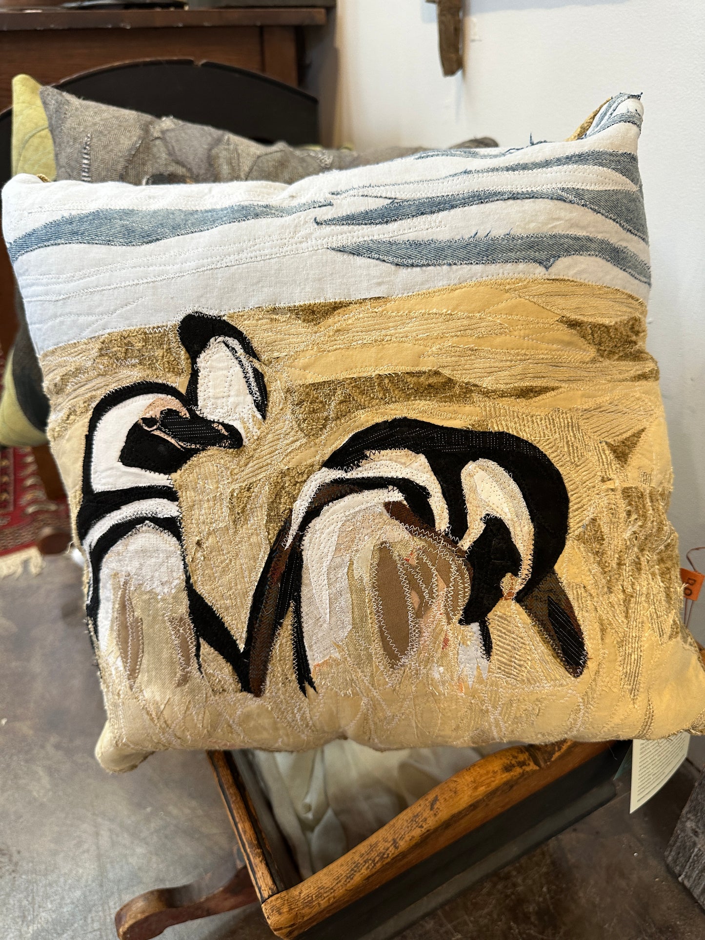 Penguins Pillow | Reclaimed Fabrics w/stitching illustration | DUO