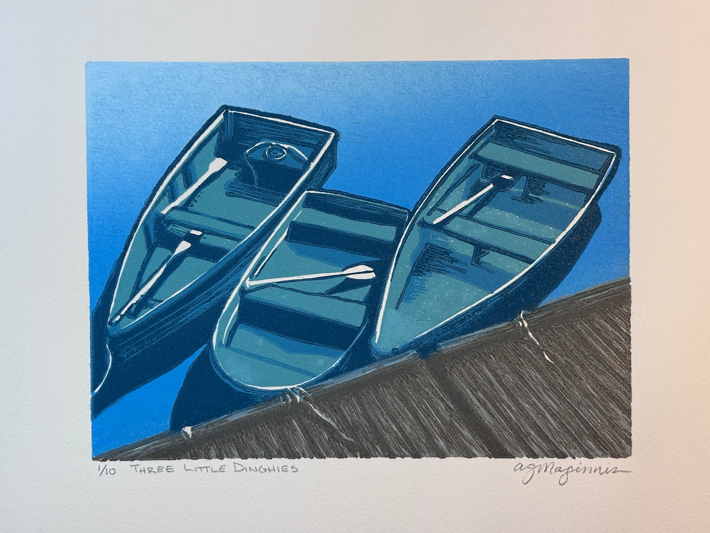 Andrea Maginnis | Three Little Dinghies | Linocut Print Framed