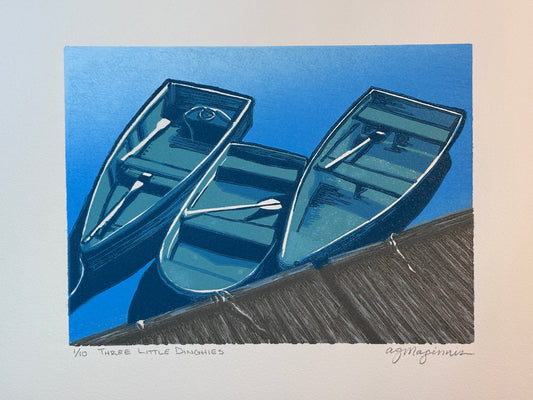 Andrea Maginnis | Three Little Dinghies | Linocut Print Framed