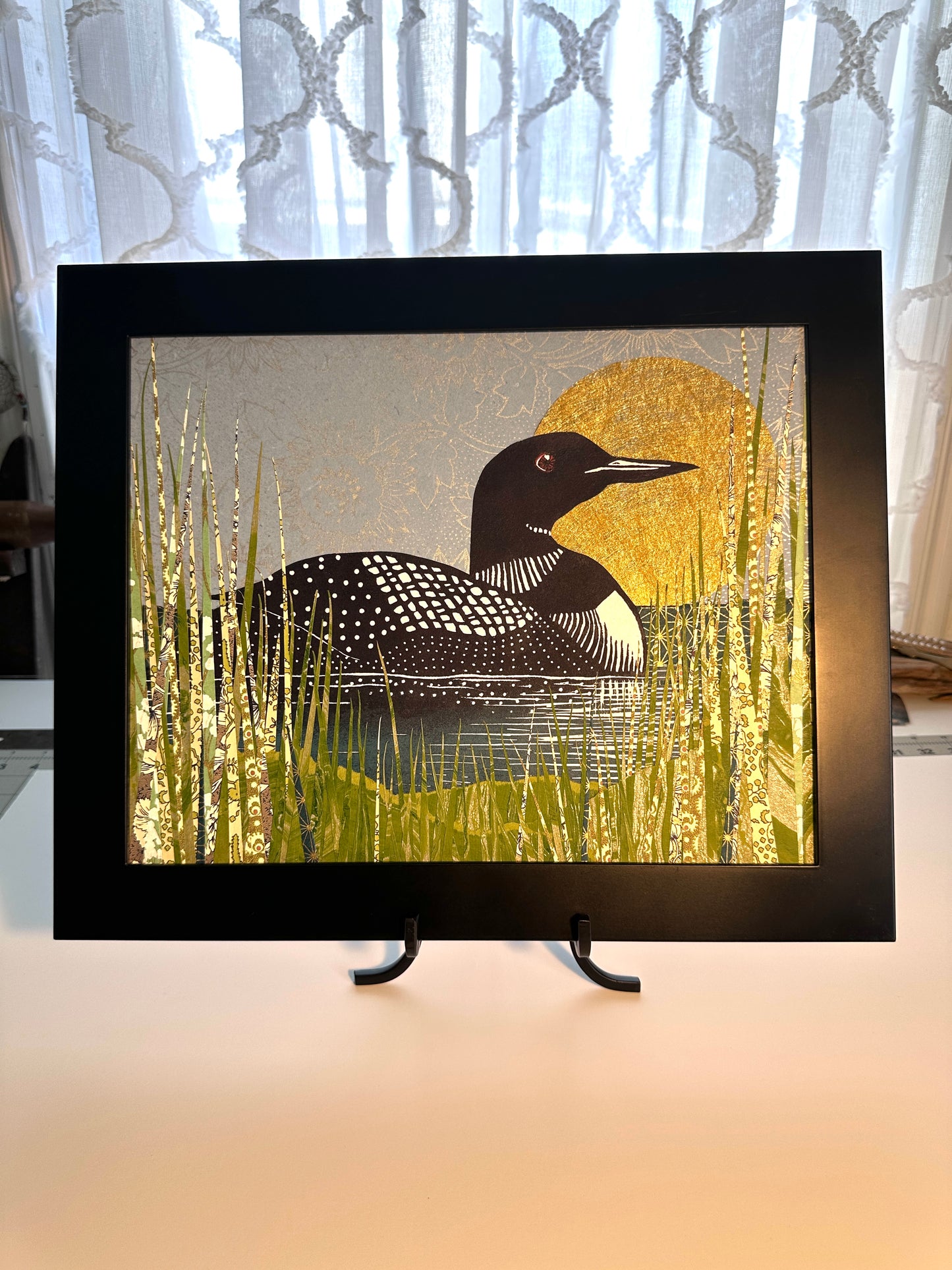 Andrea Maginnis | Loon at Golden Hour | Relief Print and Collage Framed