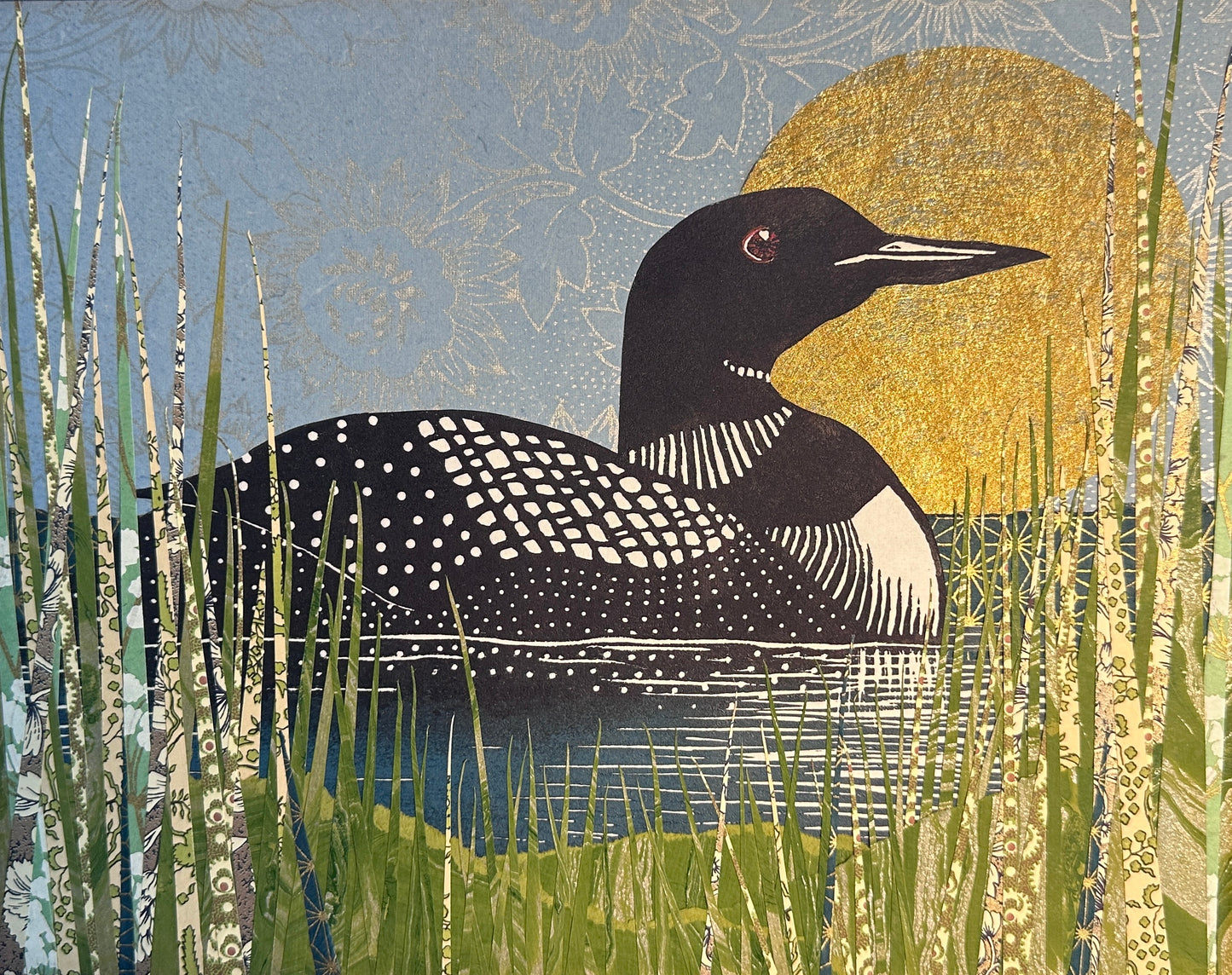 Andrea Maginnis | Loon at Golden Hour | Relief Print and Collage Framed