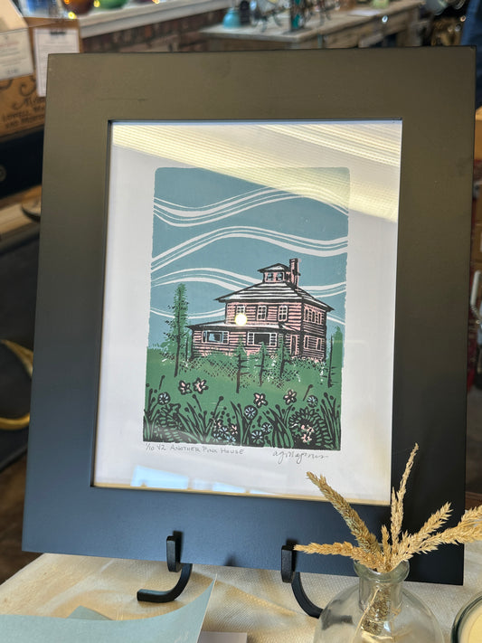 Andrea Maginnis | "Another Pink House” V2 | Linocut Print Framed