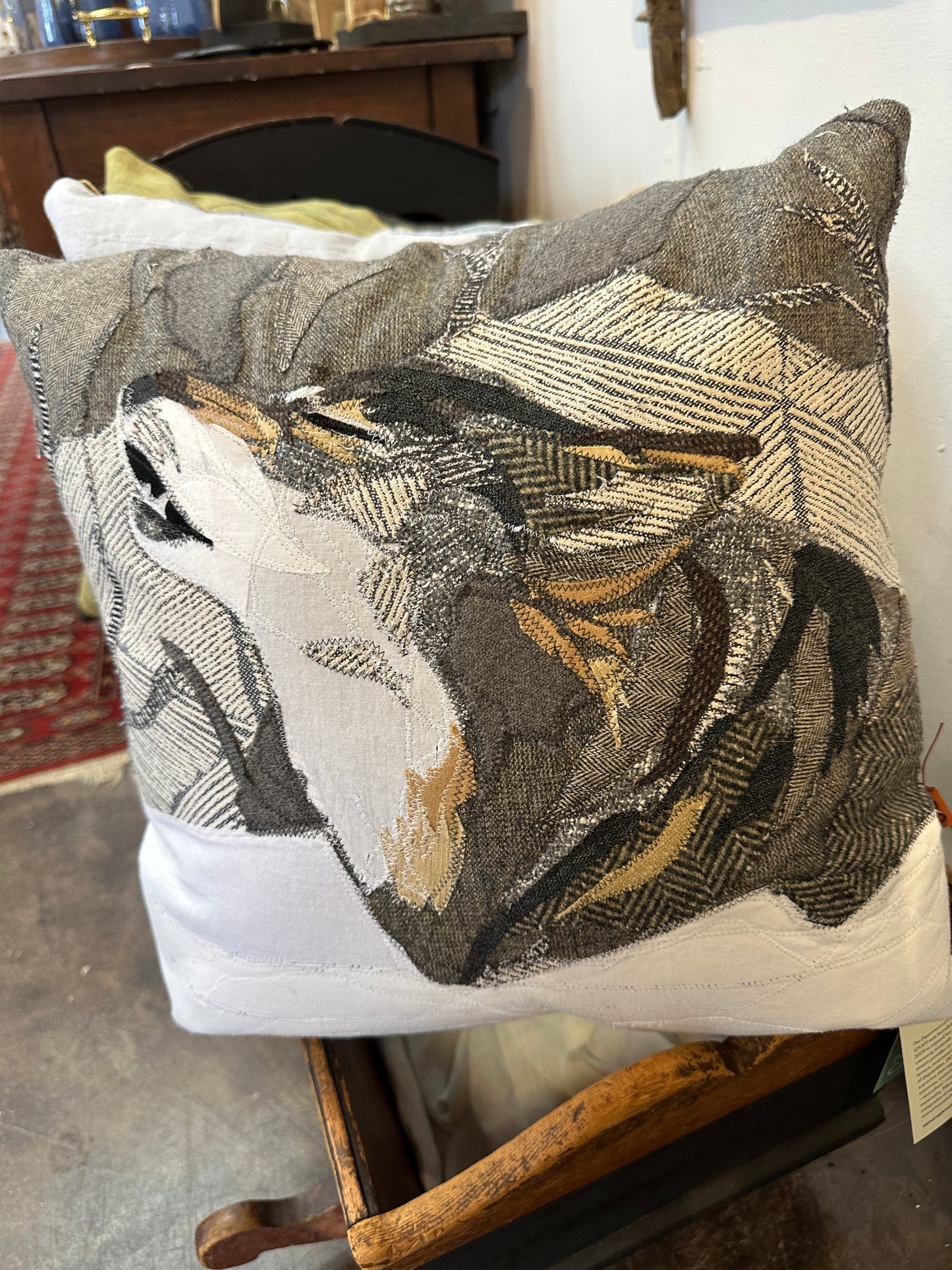 Howling Wolf Pillow | Reclaimed Fabrics w/stitching illustration | DUO