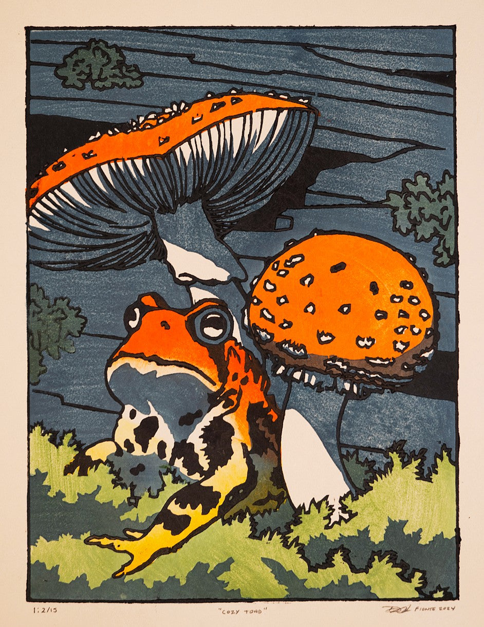 "Cozy Toad" | Woodcut Print by Dan Fionte