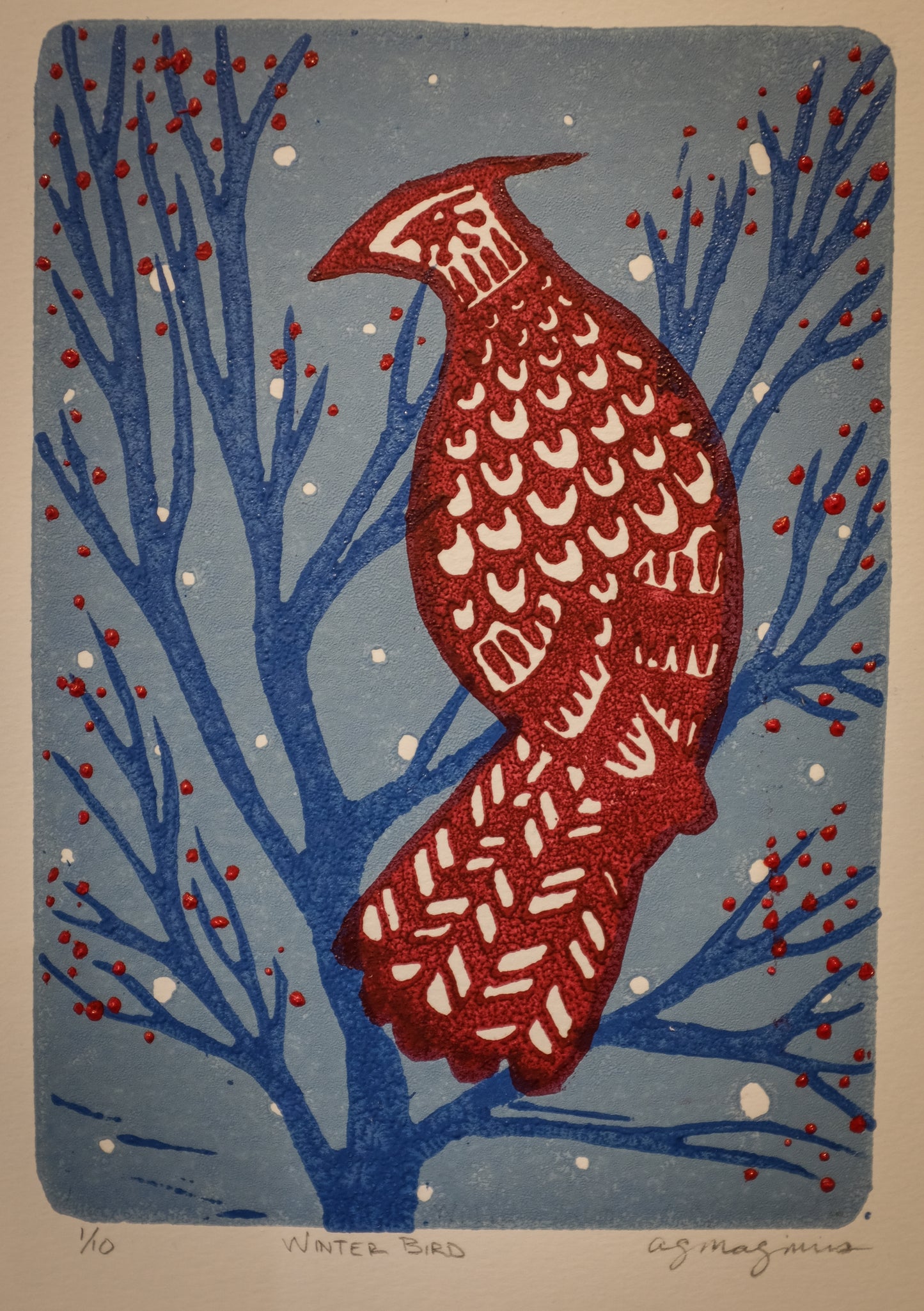 Framed Linocut Print | "Winter Bird" | Andrea Maginnis