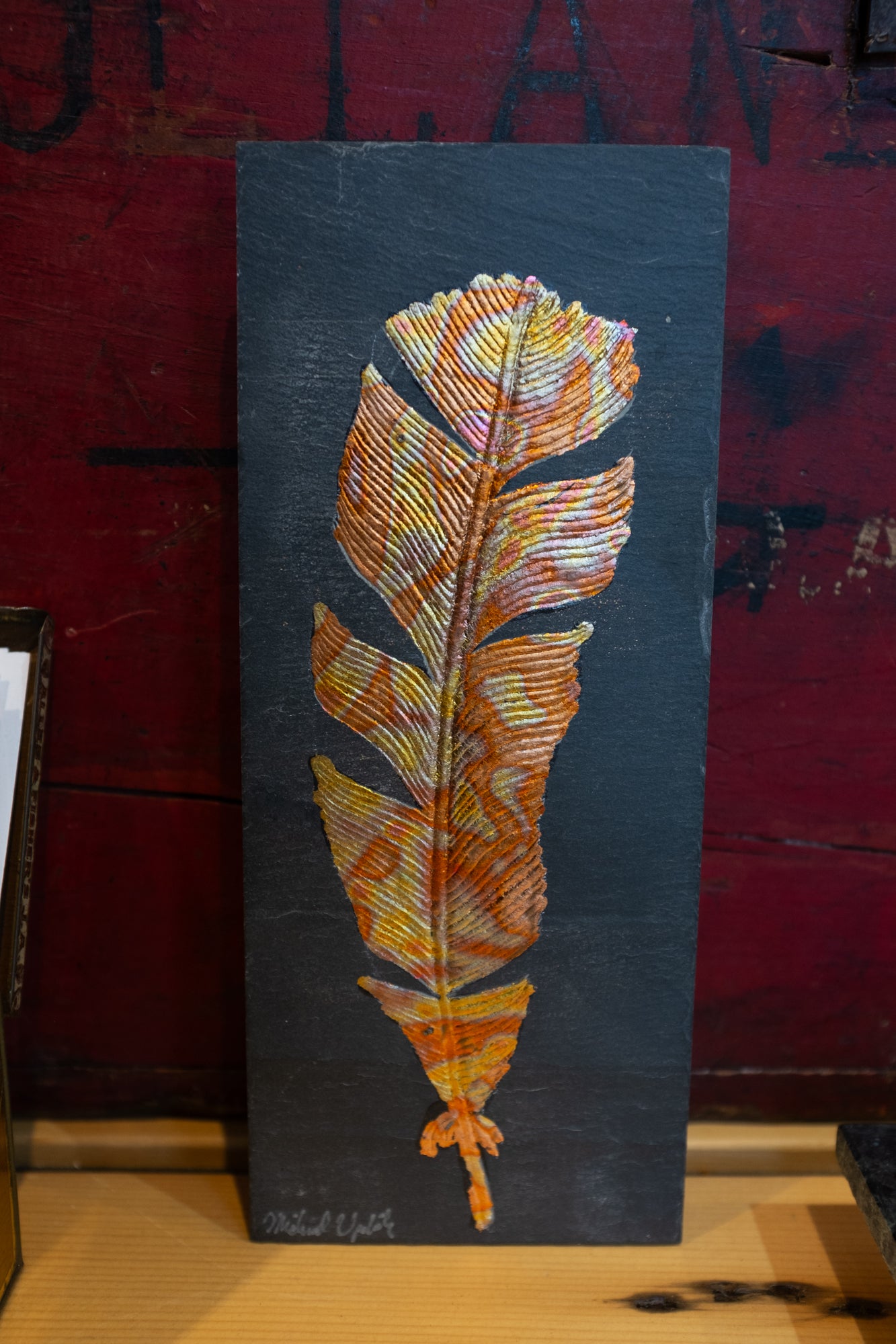 Carved Feather on Slate w/Gold Leaf | Updike