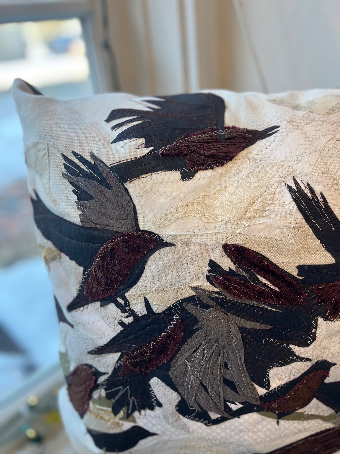 Bird Flock Pillow | Reclaimed Fabrics w/stitching illustration | DUO