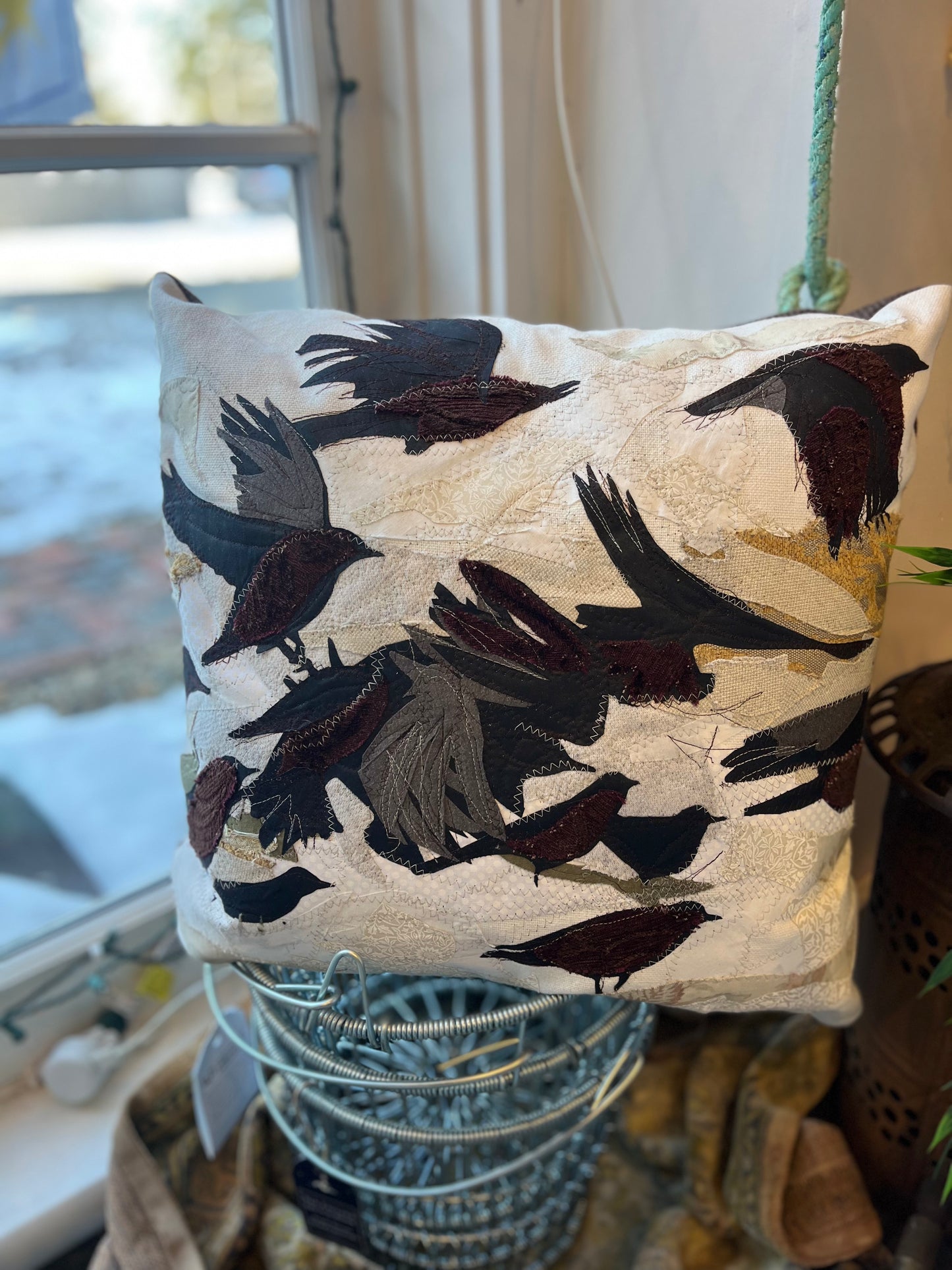 Bird Flock Pillow | Reclaimed Fabrics w/stitching illustration | DUO