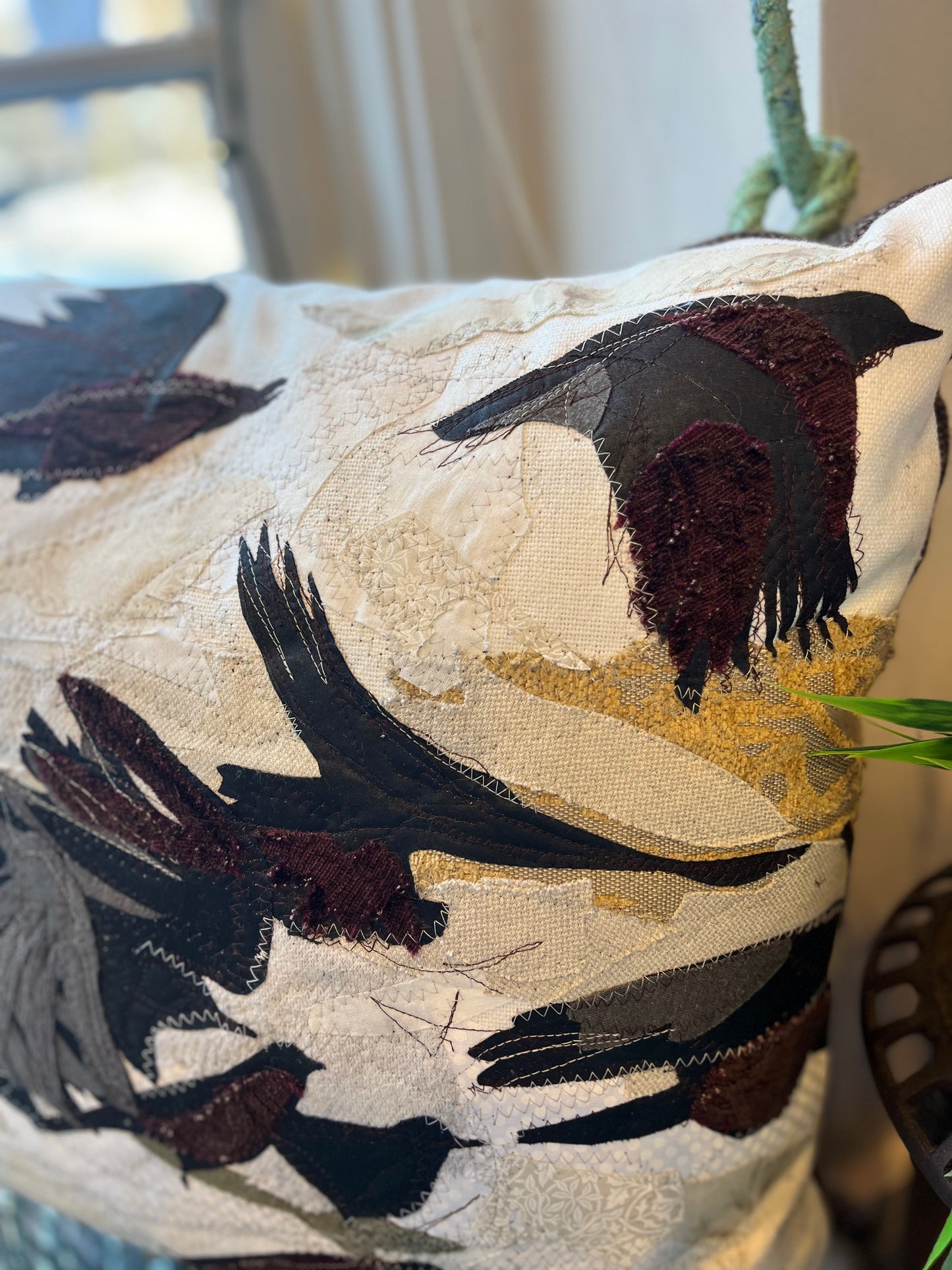 Bird Flock Pillow | Reclaimed Fabrics w/stitching illustration | DUO