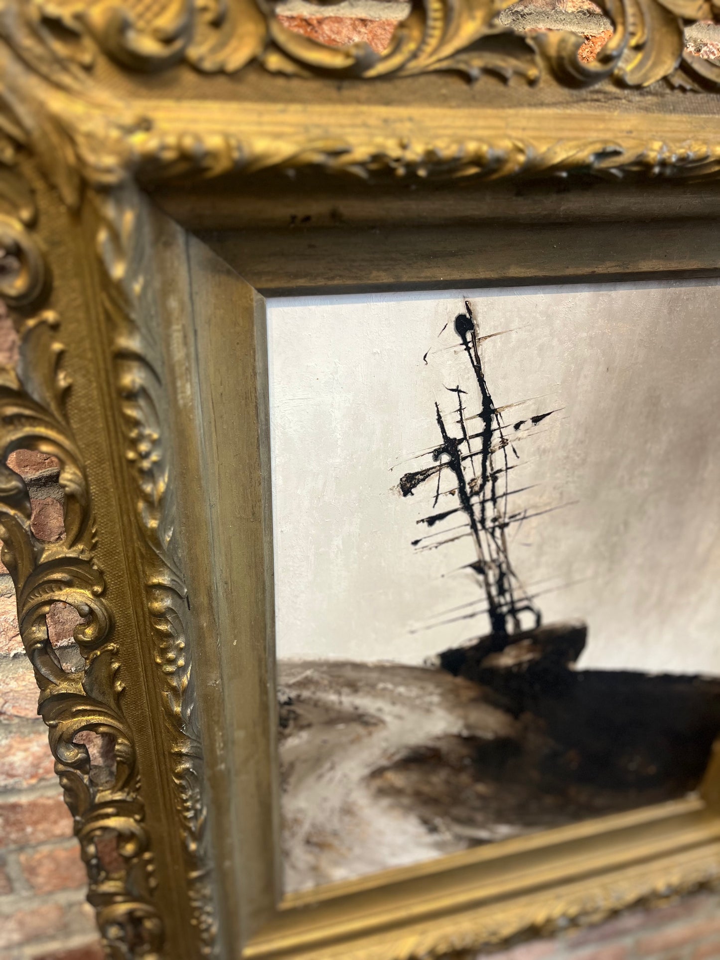 "Balanced on the Biggest Wave" | Tar, oil on canvas in Victorian frame