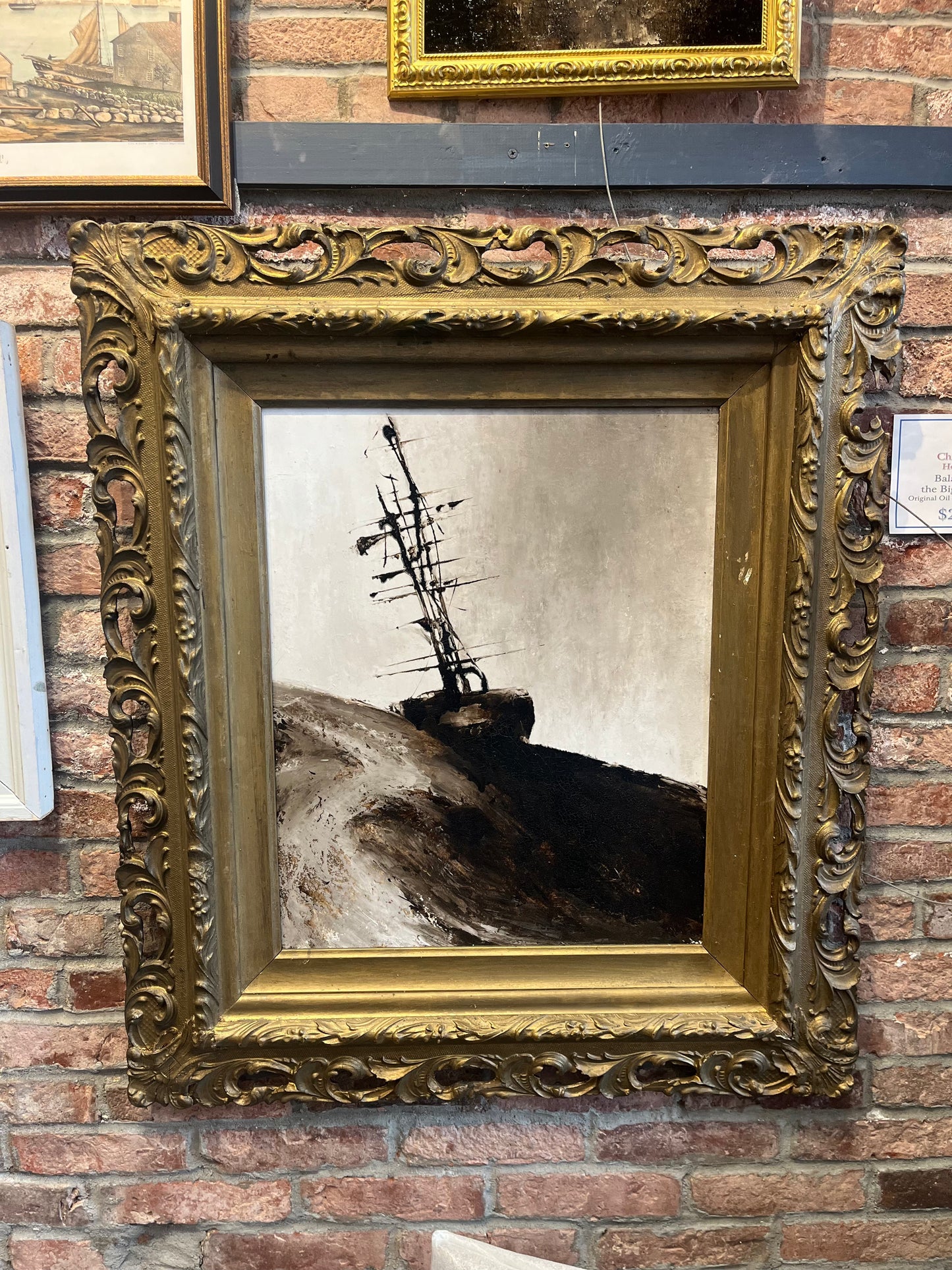 "Balanced on the Biggest Wave" | Tar, oil on canvas in Victorian frame