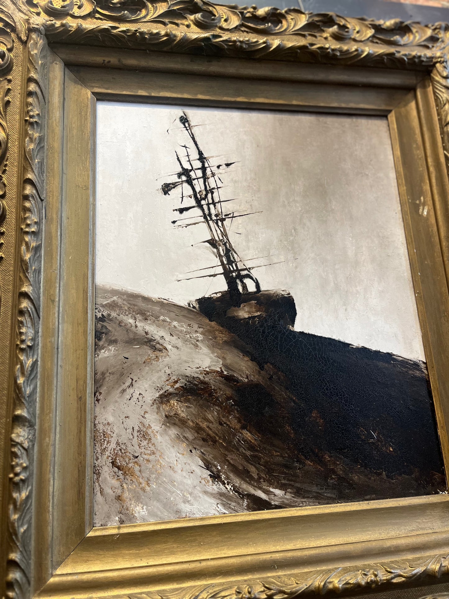 "Balanced on the Biggest Wave" | Tar, oil on canvas in Victorian frame