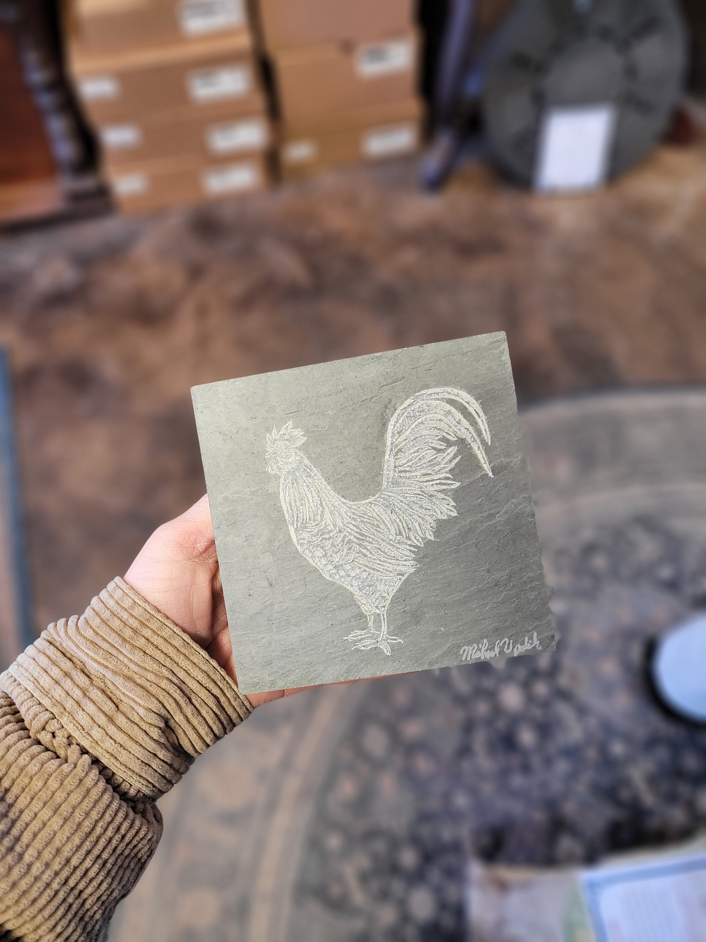 Rooster Carved on Square Slate | Updike